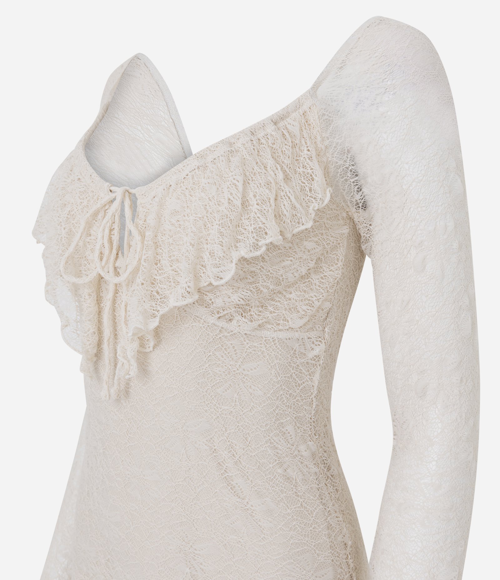 Vestido Curto em Renda com Manga Longa e Babados Off White 2
