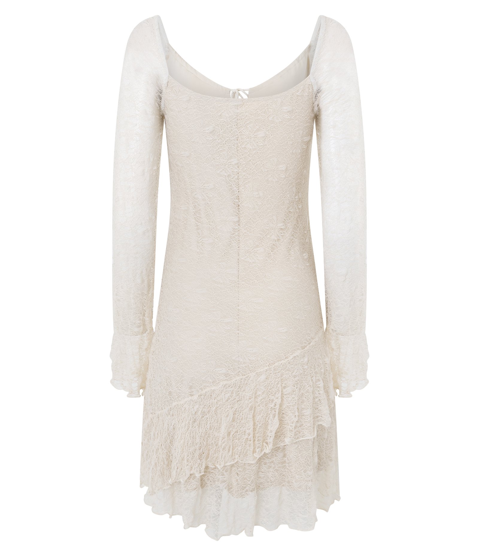 Vestido Curto em Renda com Manga Longa e Babados Off White 3