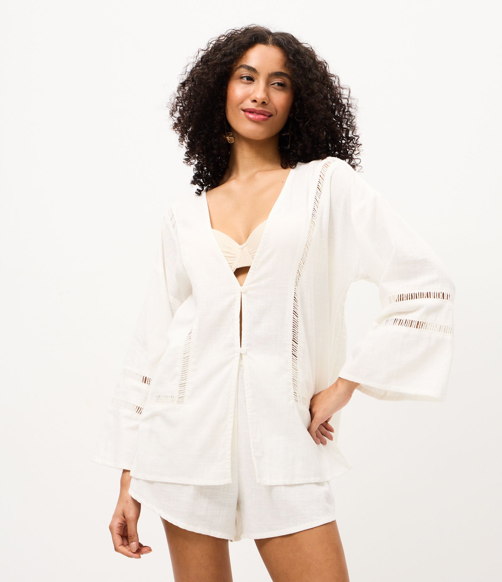 Saída de Praia Bata em Cotton com Amarração Frontal e Entremeios Vazados Branco 1
