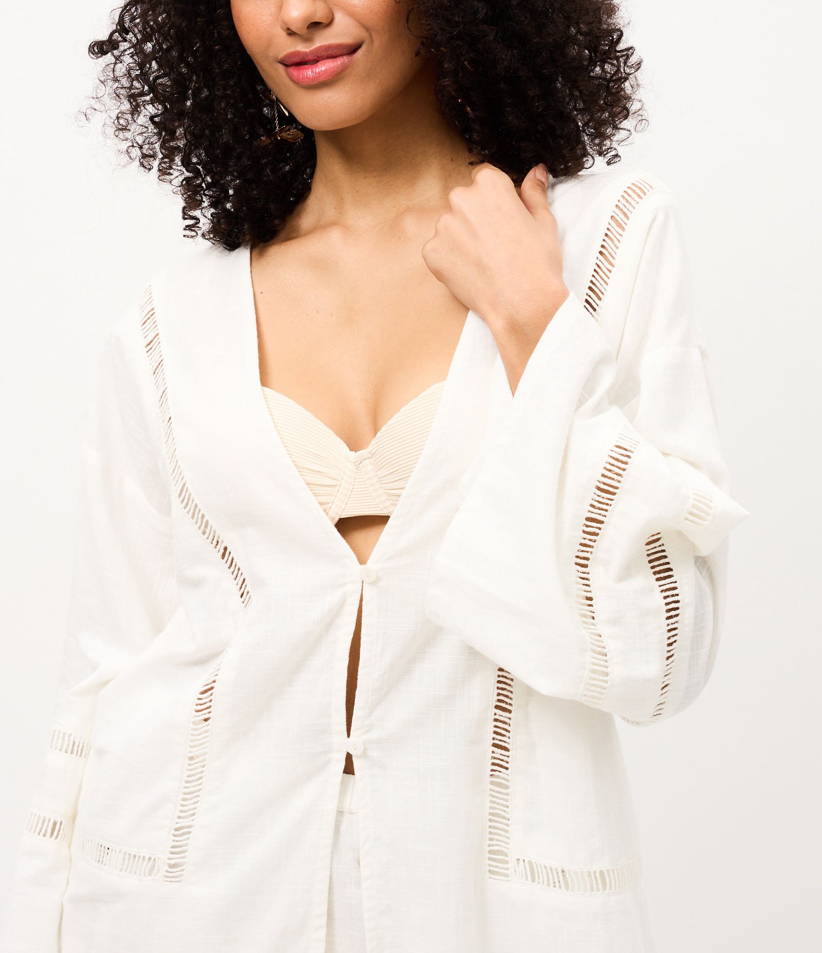 Saída de Praia Bata em Cotton com Amarração Frontal e Entremeios Vazados Branco 3