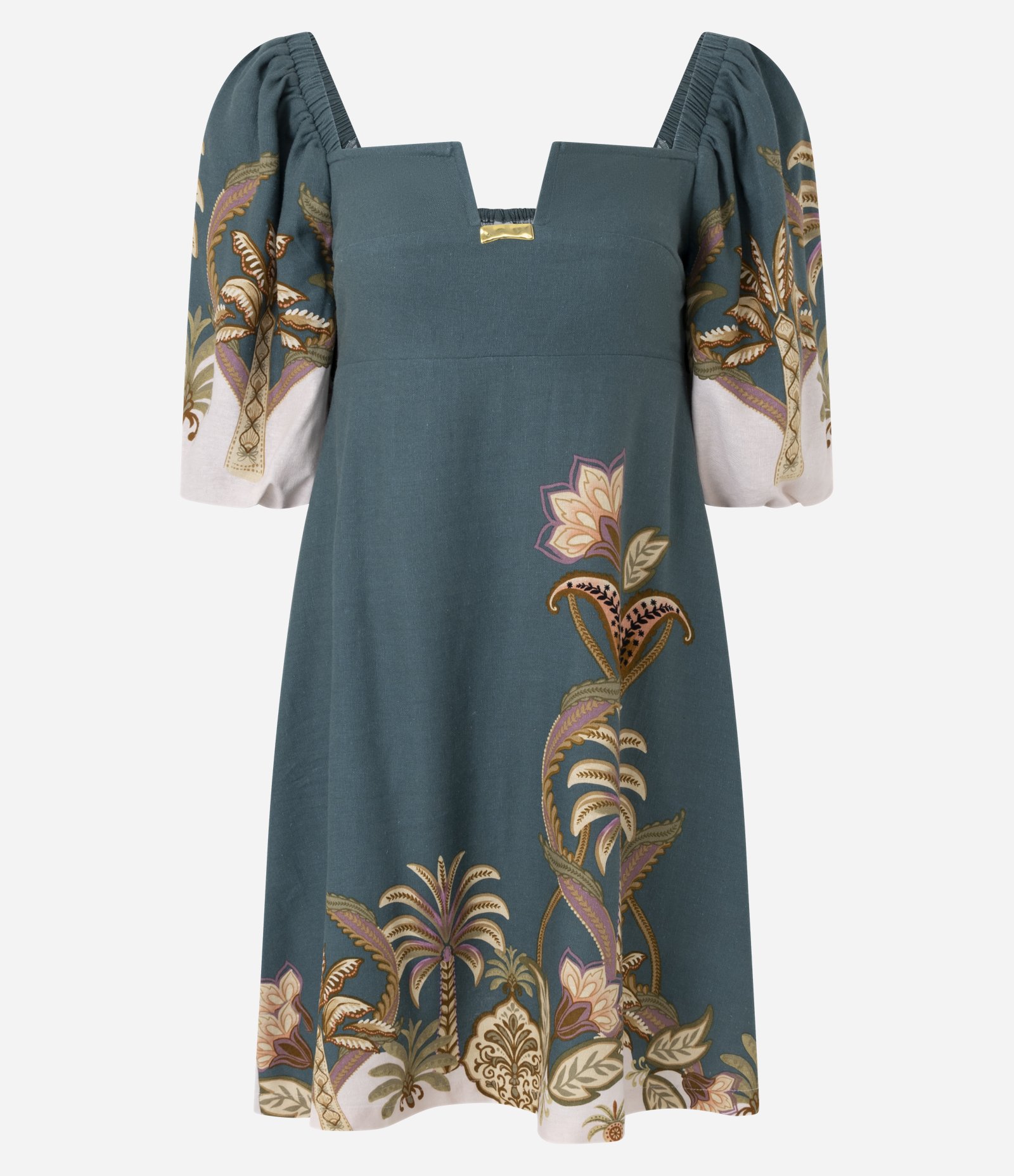 Vestido Curto em Viscolinho com Estampa Coqueiro e Manga Bufante Verde 1