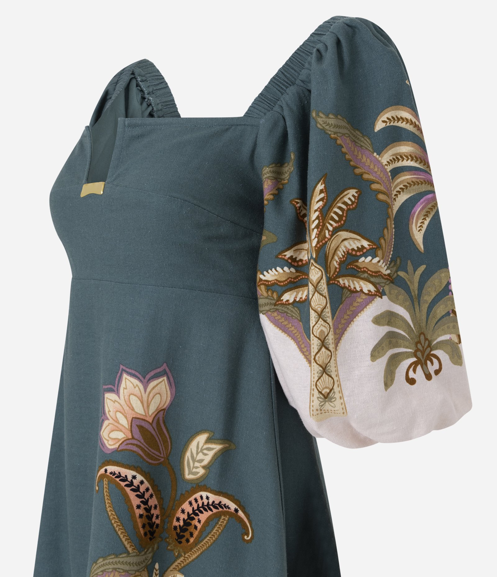 Vestido Curto em Viscolinho com Estampa Coqueiro e Manga Bufante Verde 2