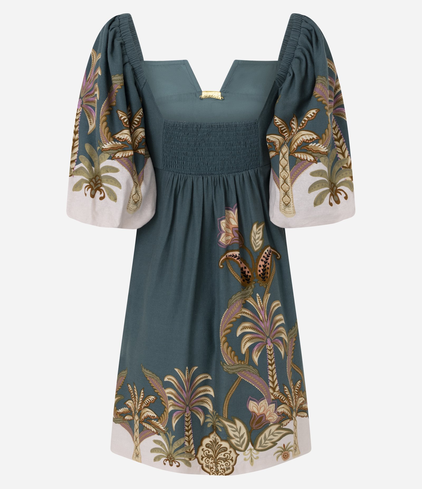 Vestido Curto em Viscolinho com Estampa Coqueiro e Manga Bufante Verde 3