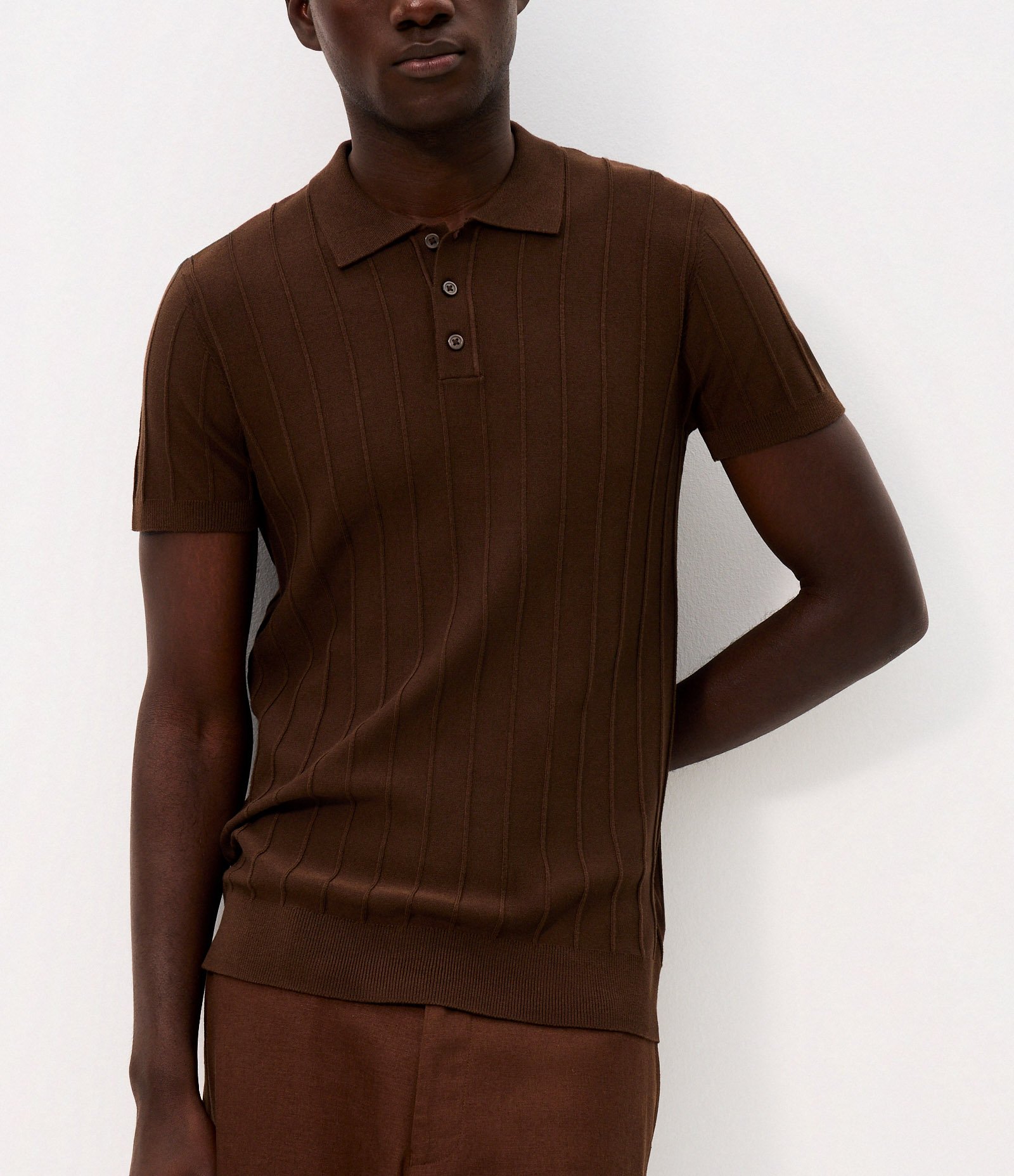 Camisa Polo em Tricô com Textura Vertical Marrom Escuro 3