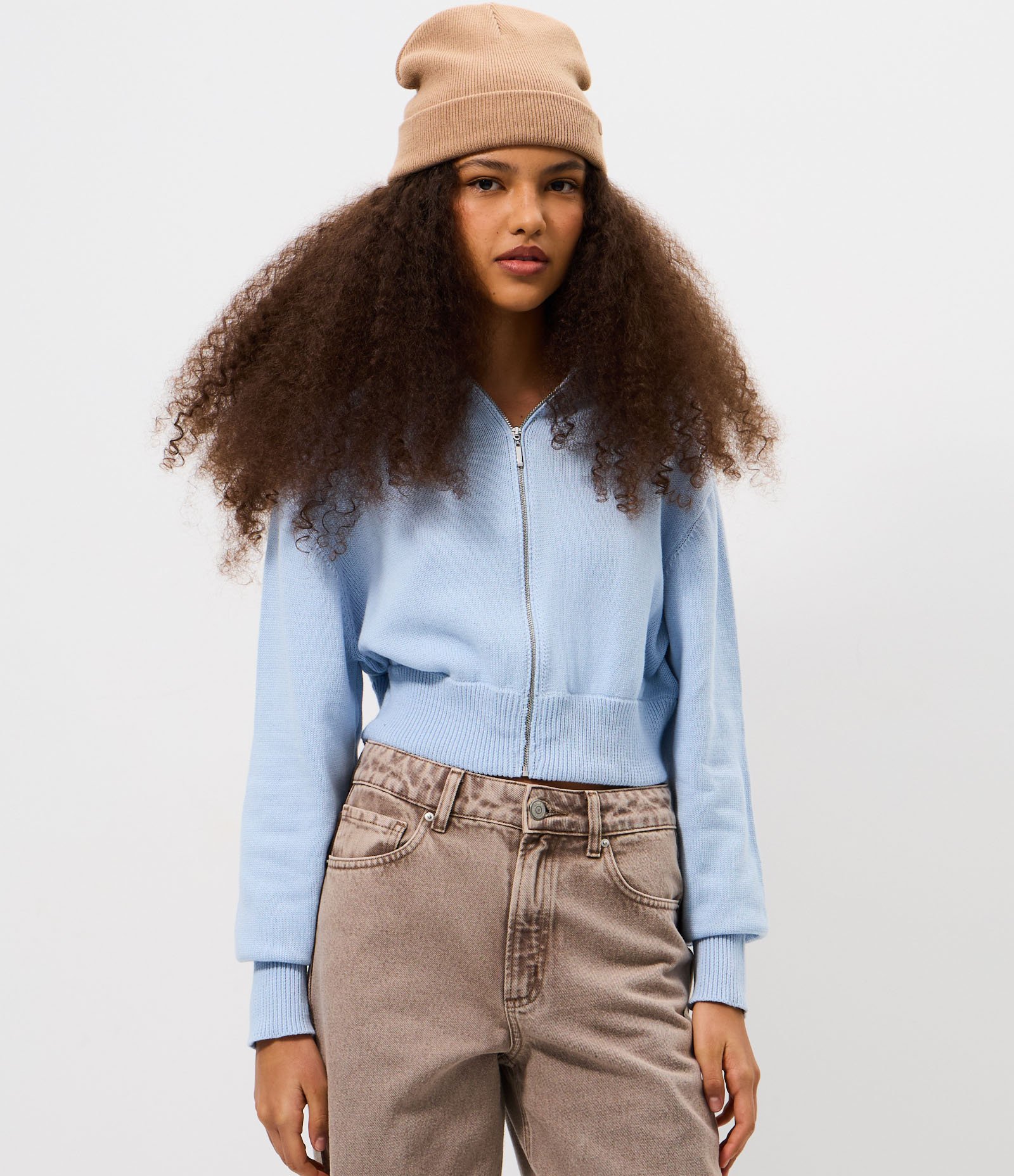 Jaqueta Cropped em Tricô com Zíper Contínuo Azul 3