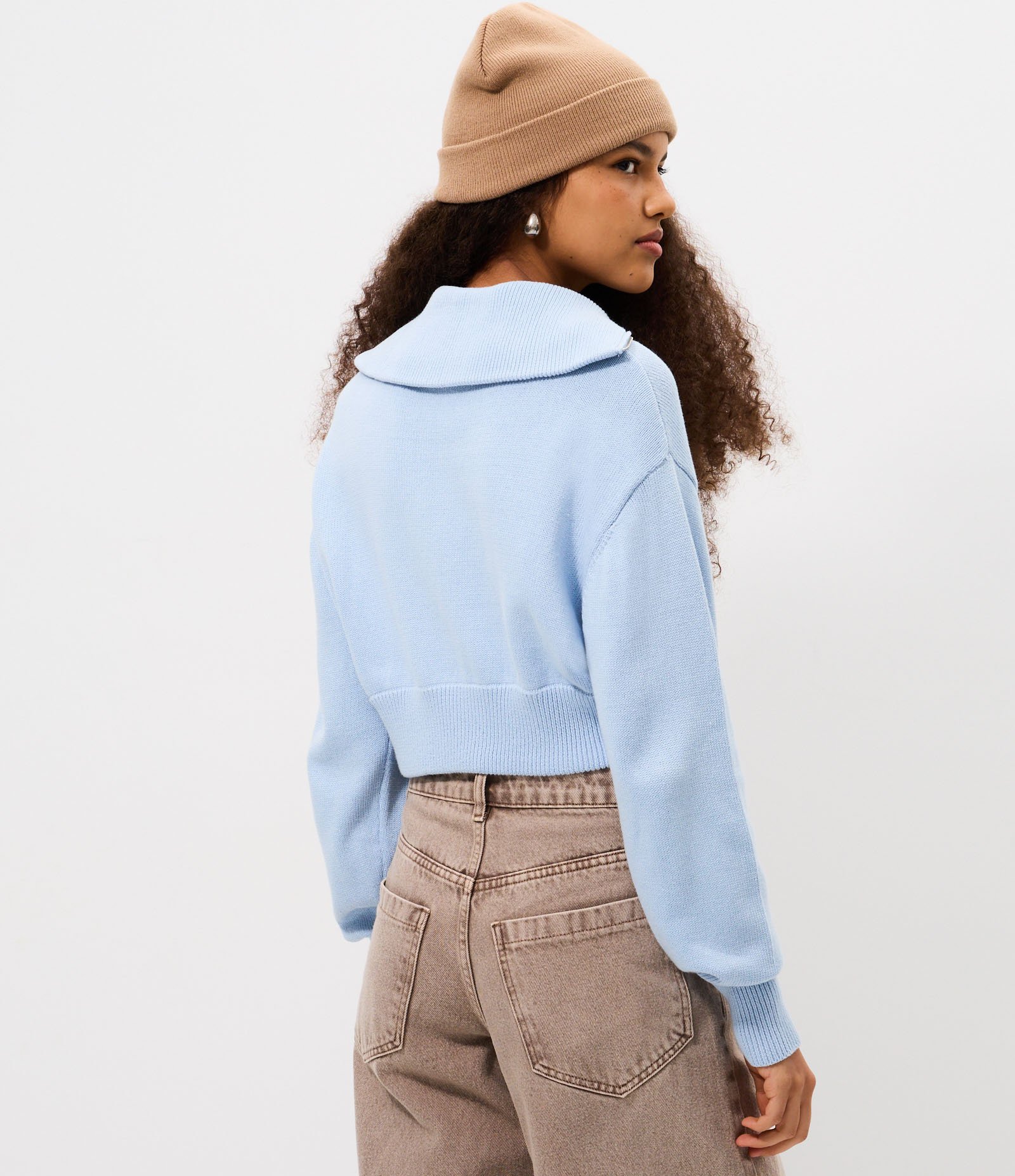 Jaqueta Cropped em Tricô com Zíper Contínuo Azul 4
