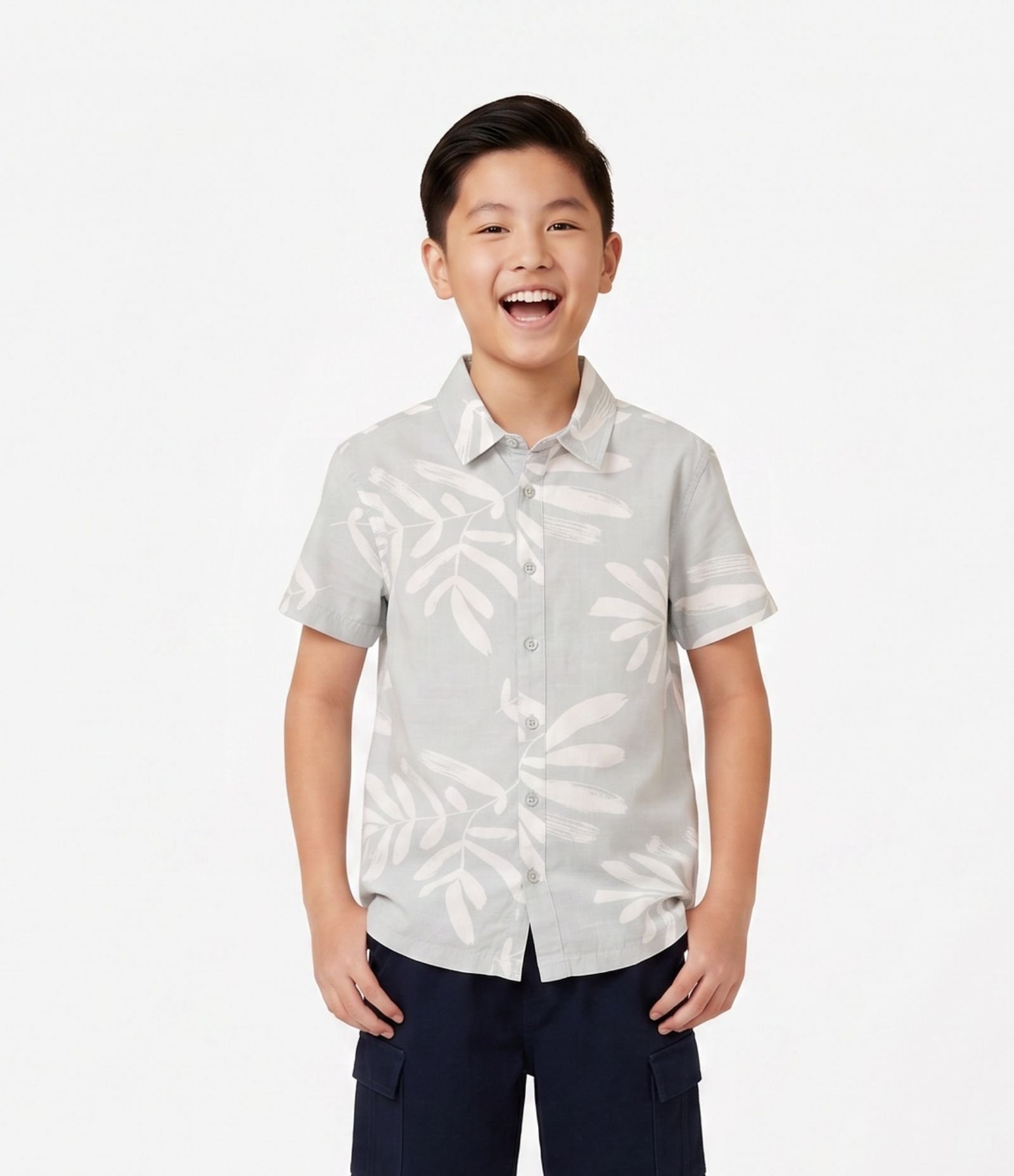 Camisa Infantil Em Algodão Estampa Folhagem - Tam 5 a 14 Anos Cinza 1