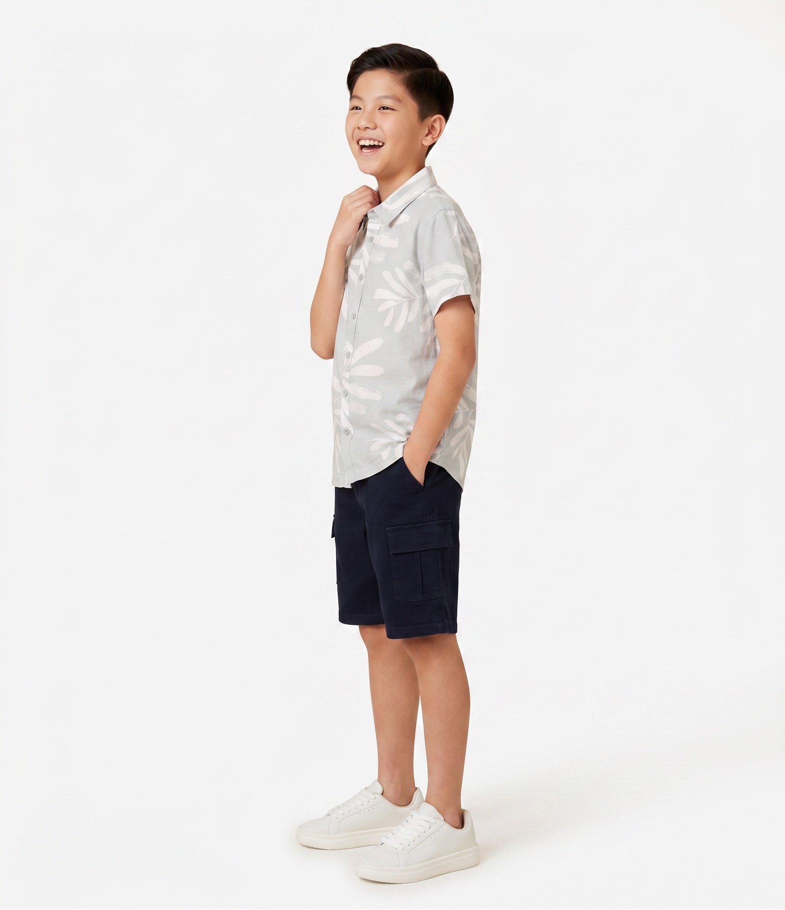 Camisa Infantil Em Algodão Estampa Folhagem - Tam 5 a 14 Anos Cinza 2