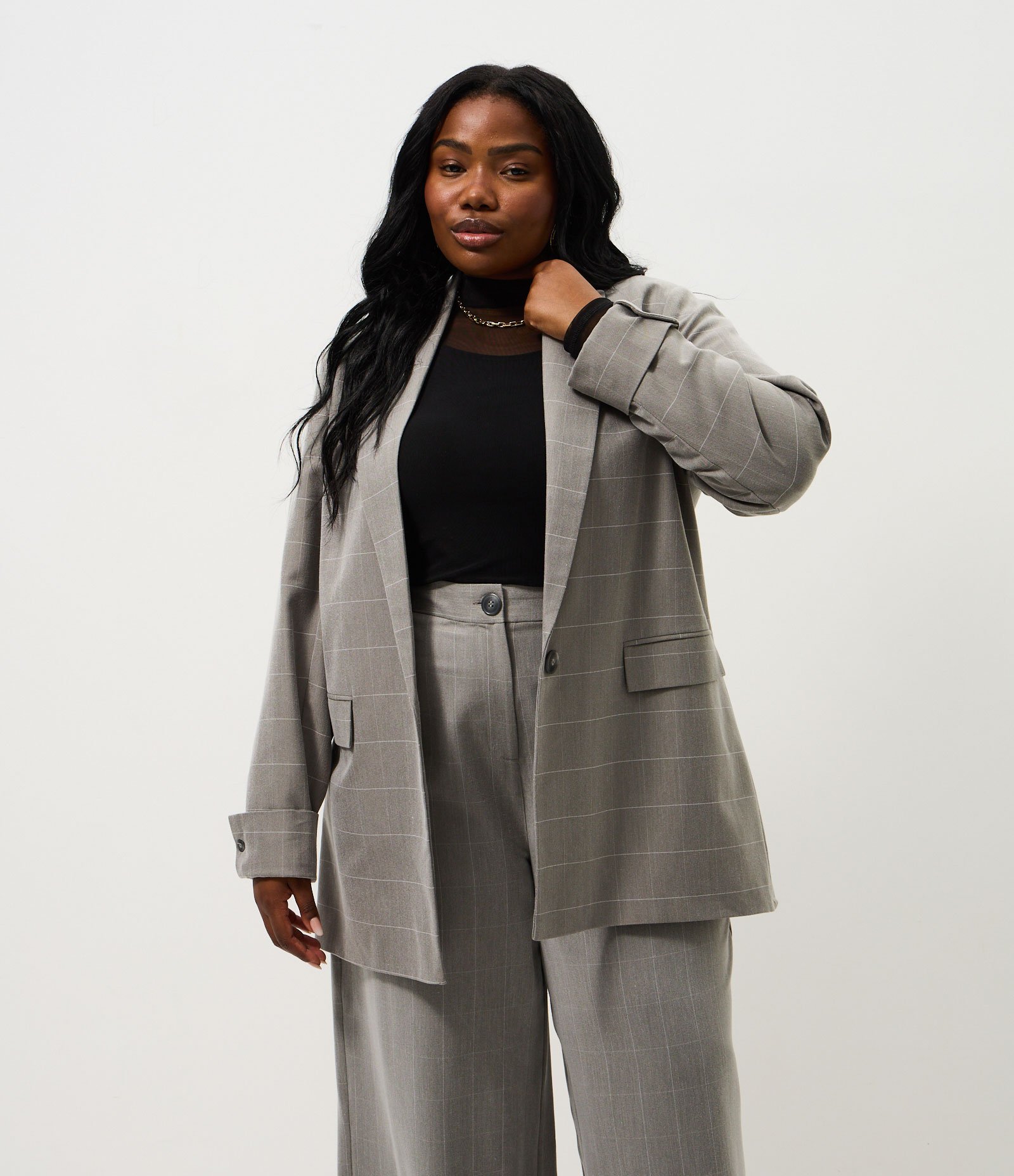 Blazer Alongado Xadrez Alfaiatado Curve & Plus Size Cinza 1