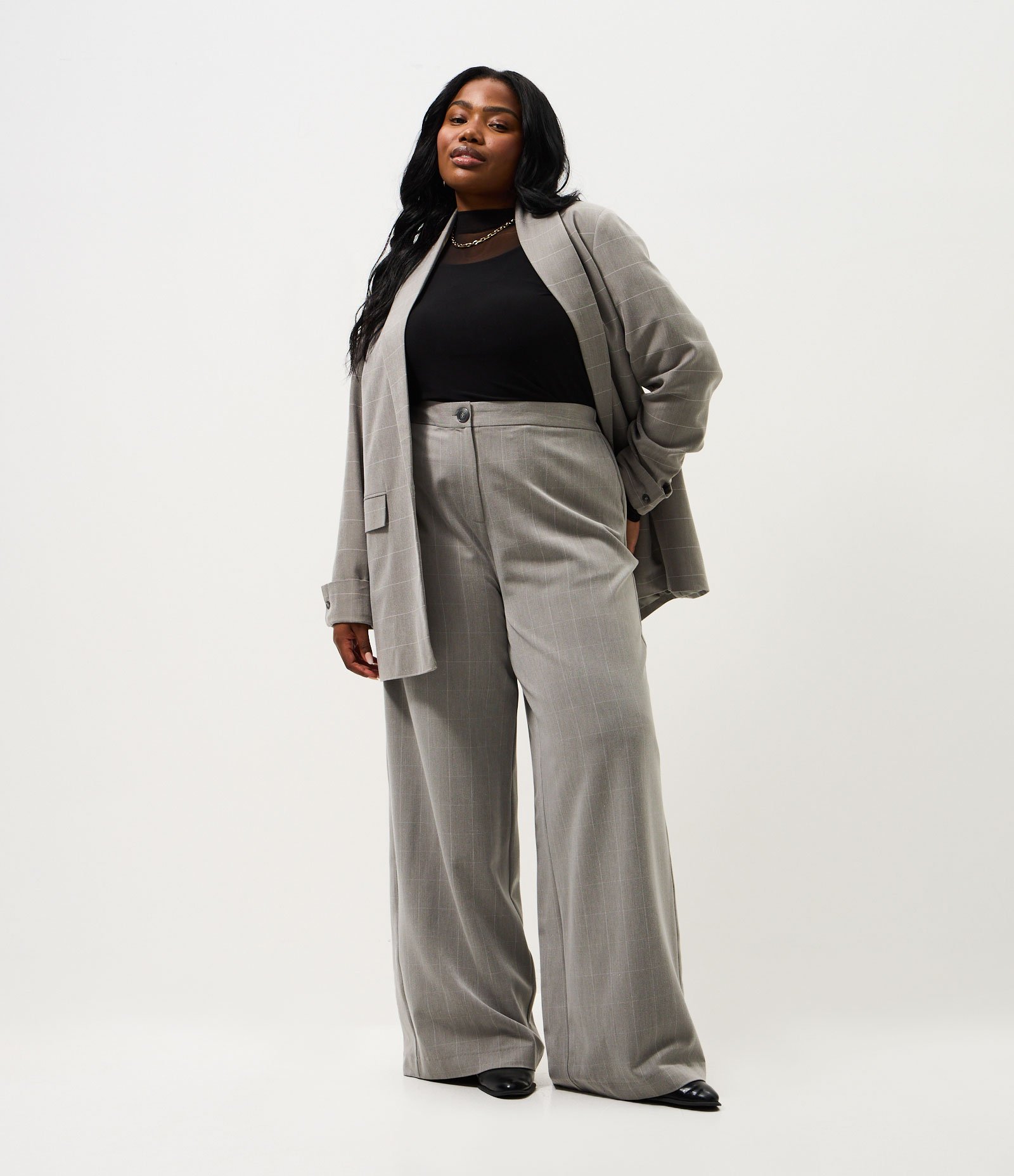 Blazer Alongado Xadrez Alfaiatado Curve & Plus Size Cinza 2