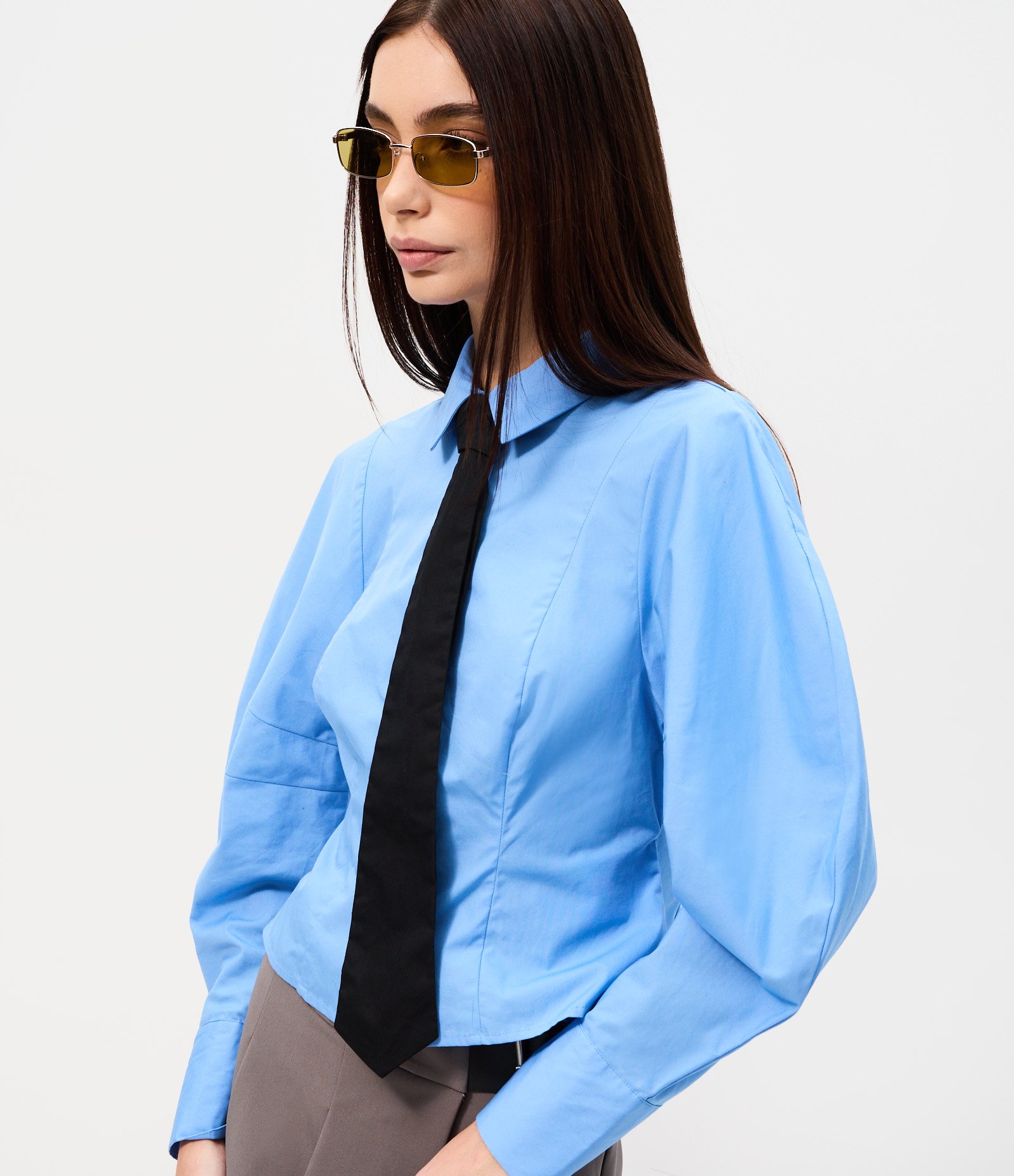 Camisa em Tricoline com Gravata e Manga Longa Cocoon Azul 3