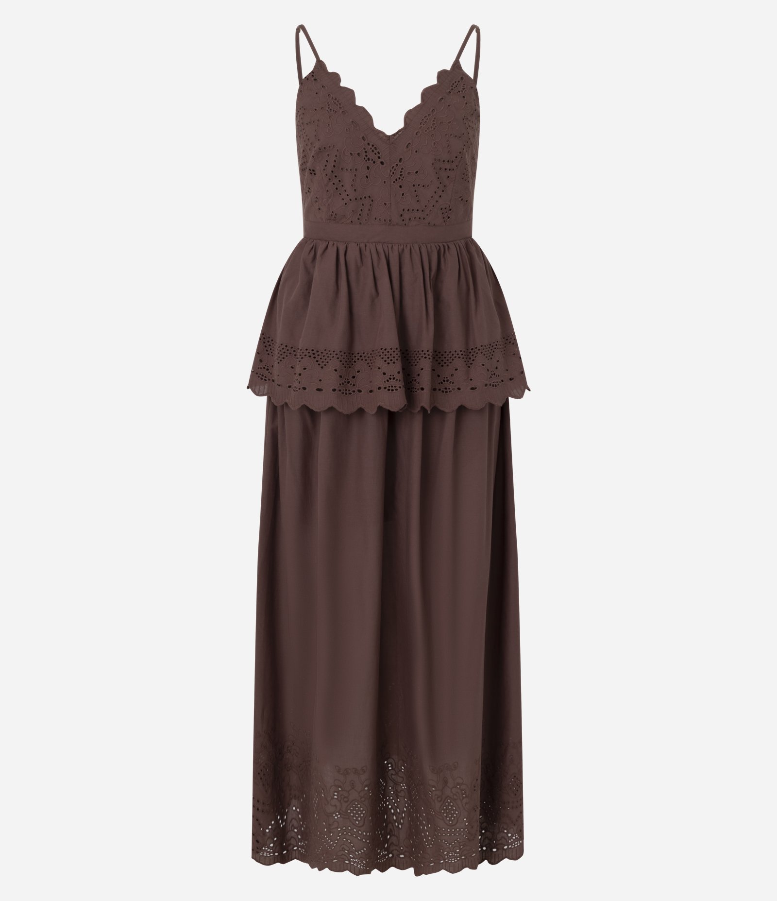 Vestido Evasê Midi em Laise com Sobreposição e Bordados Marrom 1