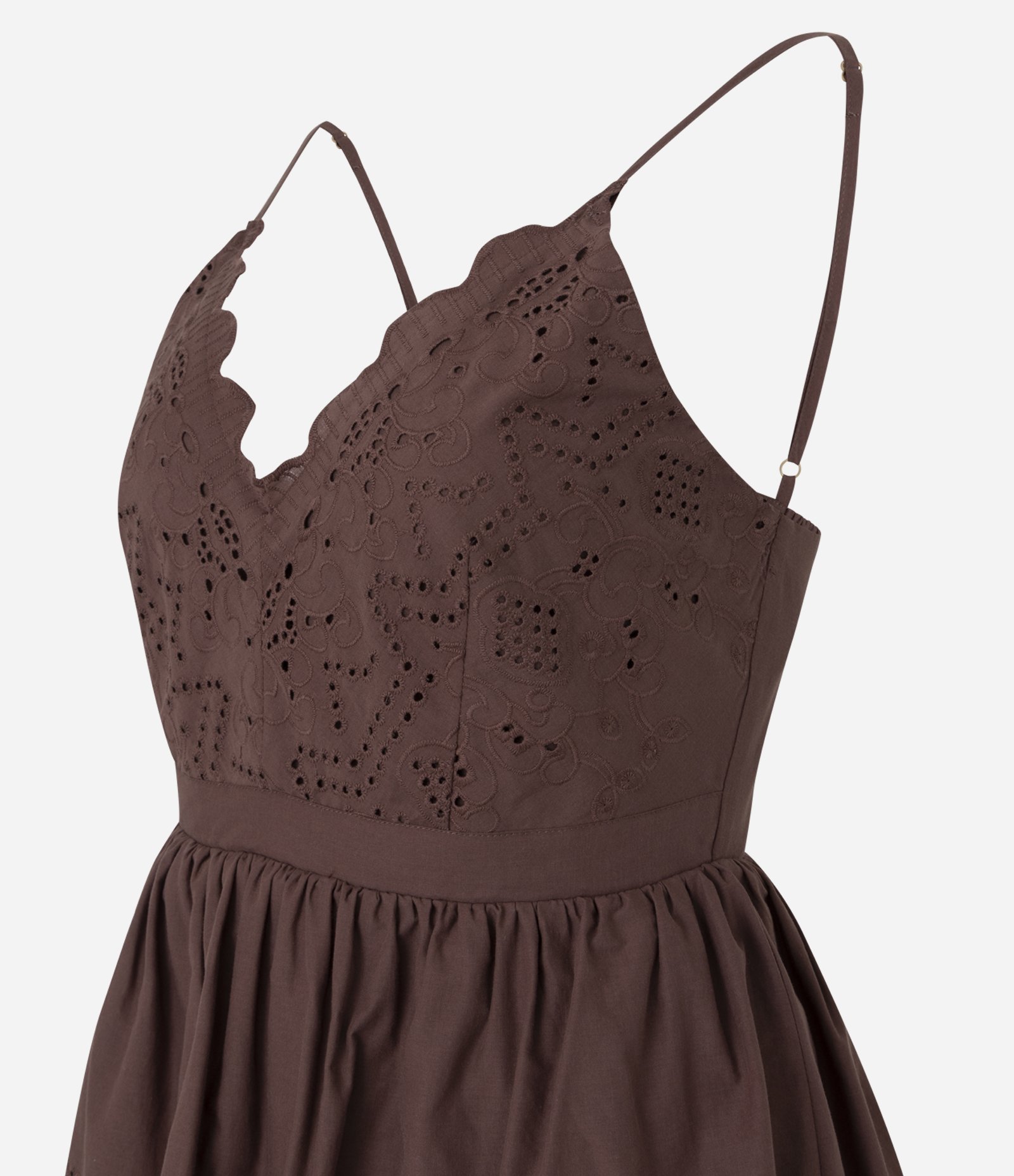 Vestido Evasê Midi em Laise com Sobreposição e Bordados Marrom 2