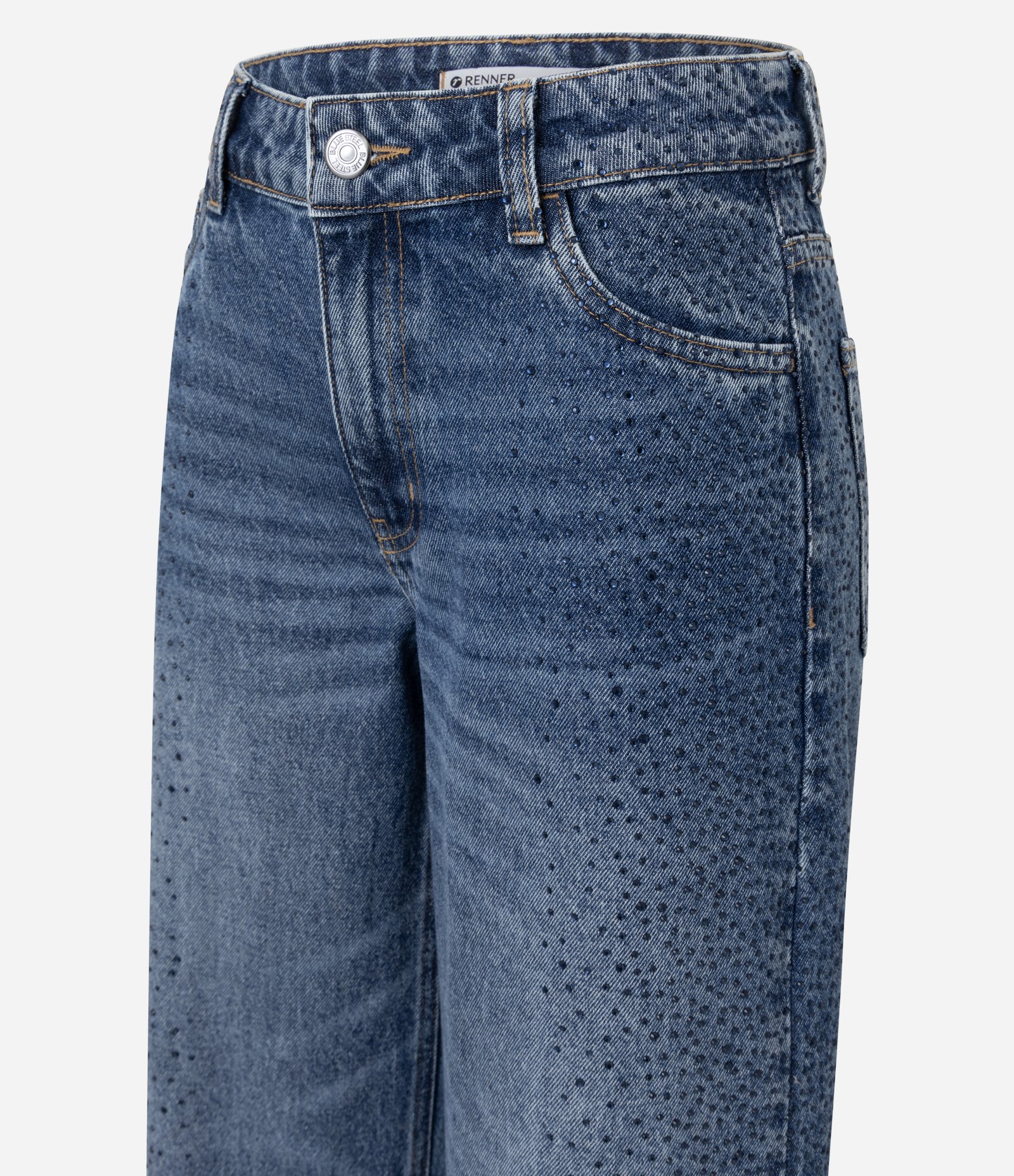 Calça Wide em Jeans com Brilho Lateral e Cintura Baixa Azul 2