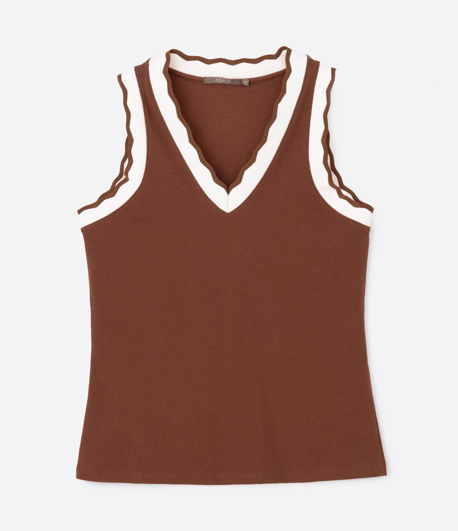 Blusa Regata em Ribana com Gola V em Retilínea Curve & Plus Size Marrom 1