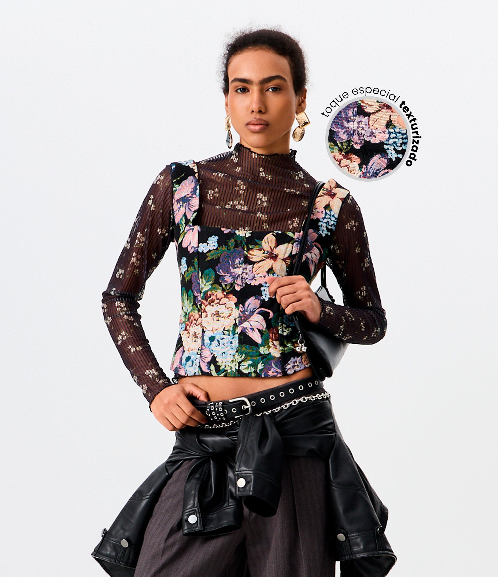 Blusa Corset em Jacquard Floral com Alça Larga e Decote Quadrado Preto 3