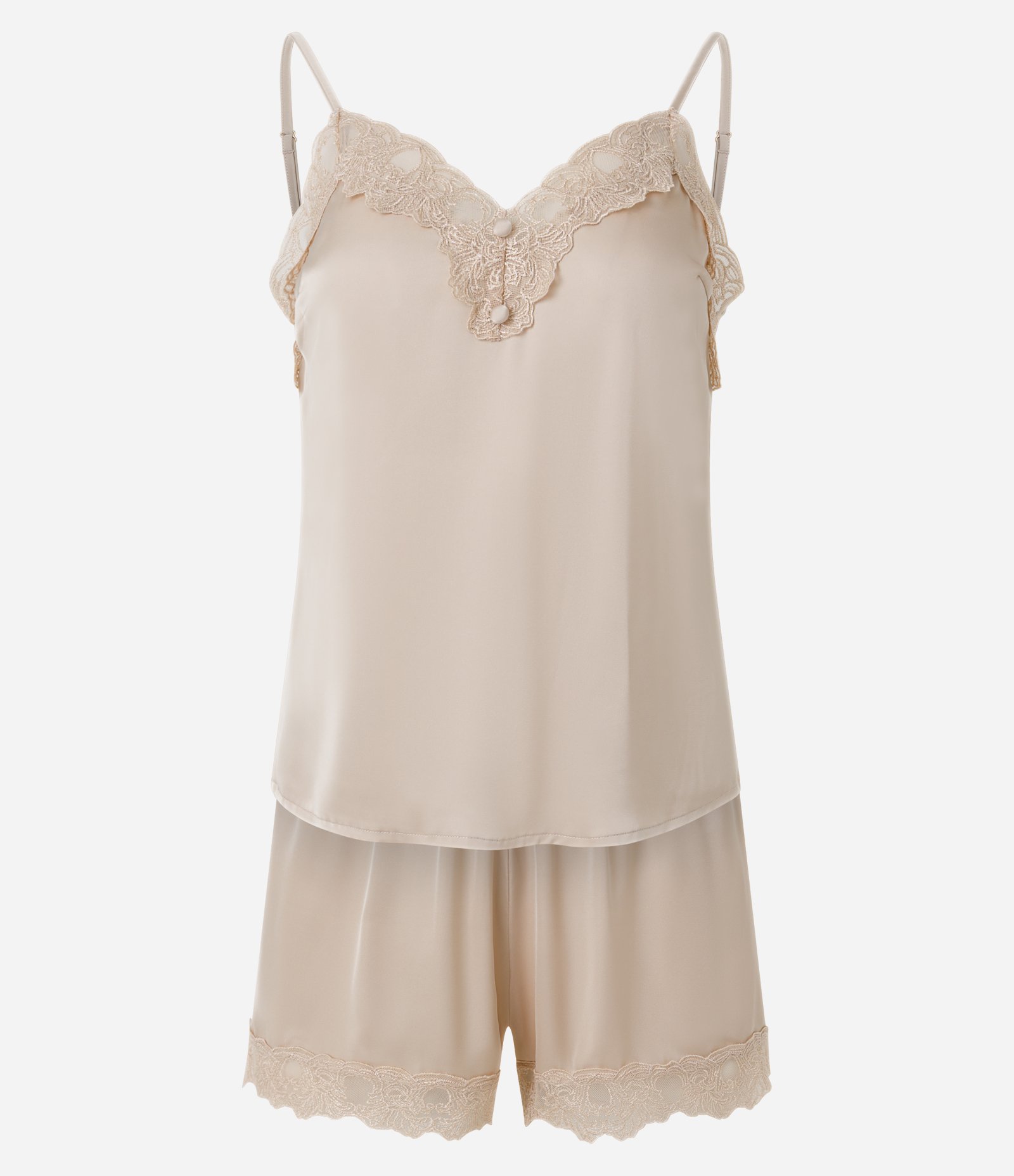 Pijama Short Doll Regular em Cetim com Renda Bege 5