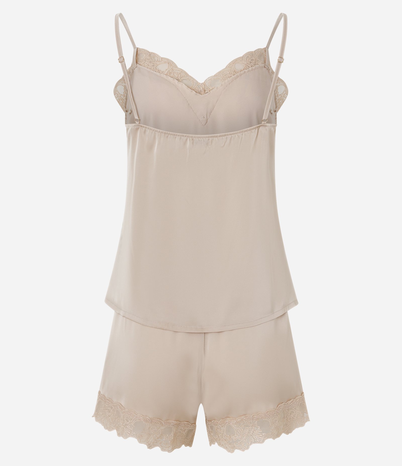 Pijama Short Doll Regular em Cetim com Renda Bege 7