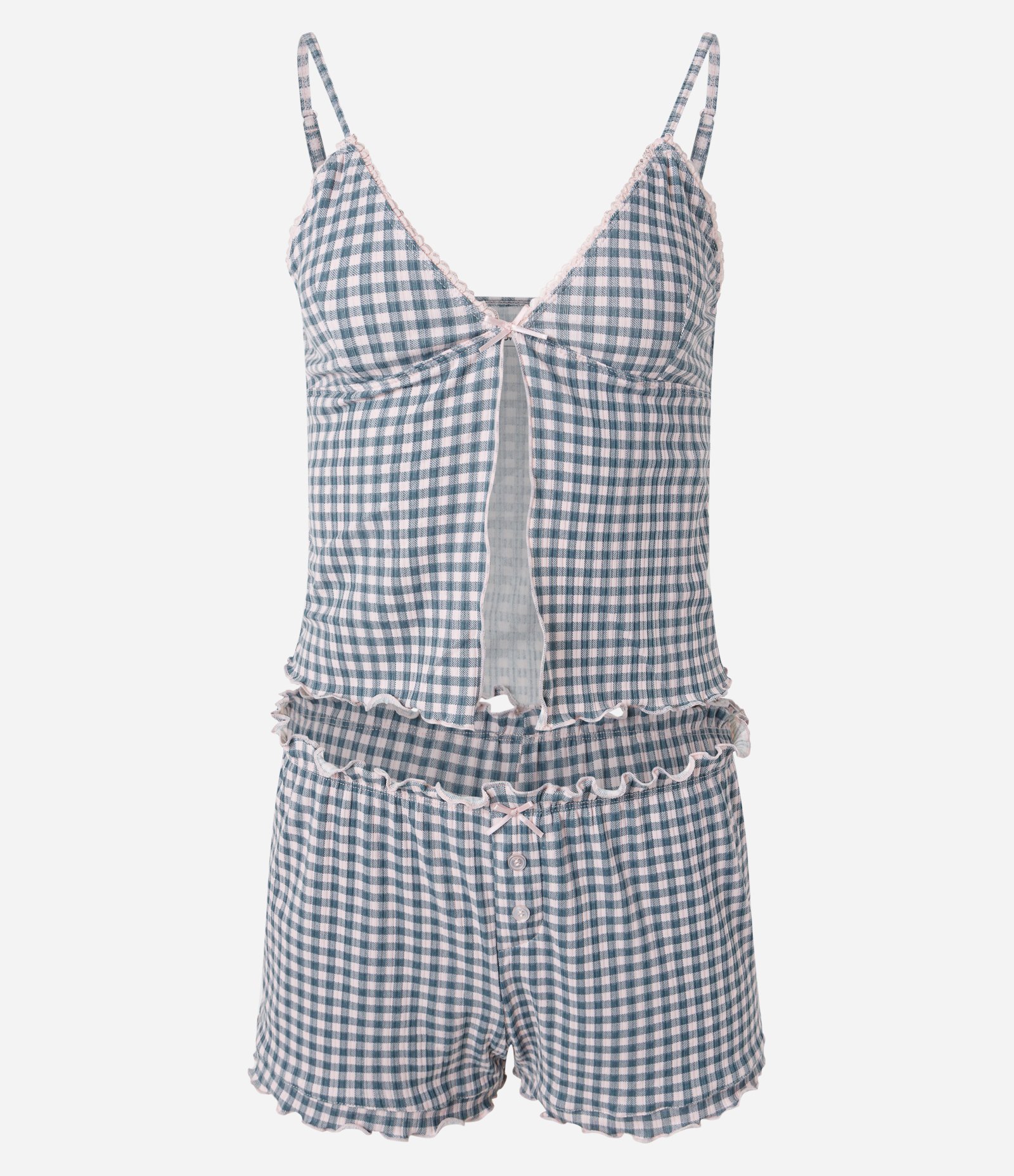 Pijama Short Doll com Estampa Xadrez Vichy Verde/Rosa 6
