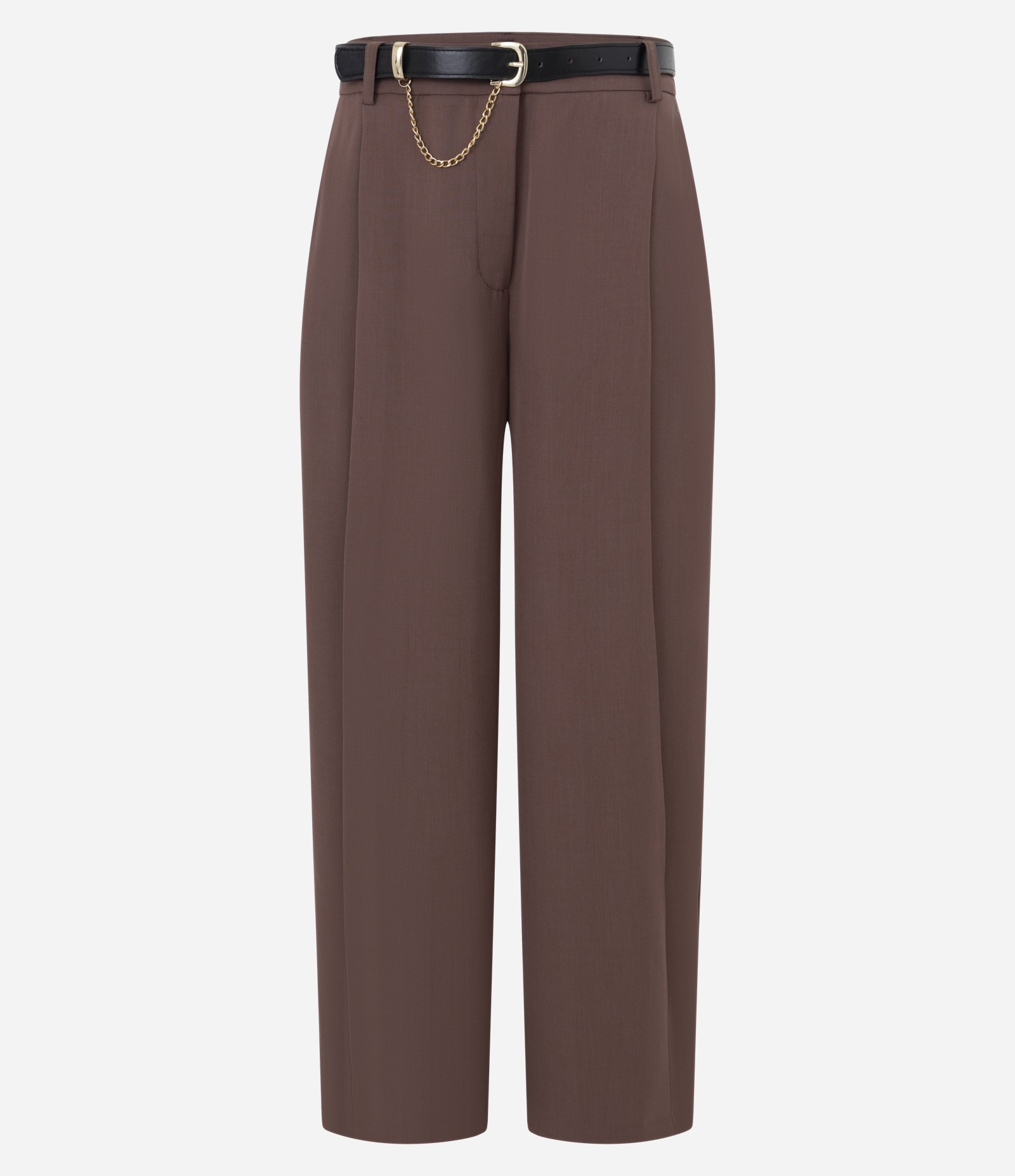 Calça Wide Leg Alfaiatada com Cinto e Detalhe de Corrente Marrom 1