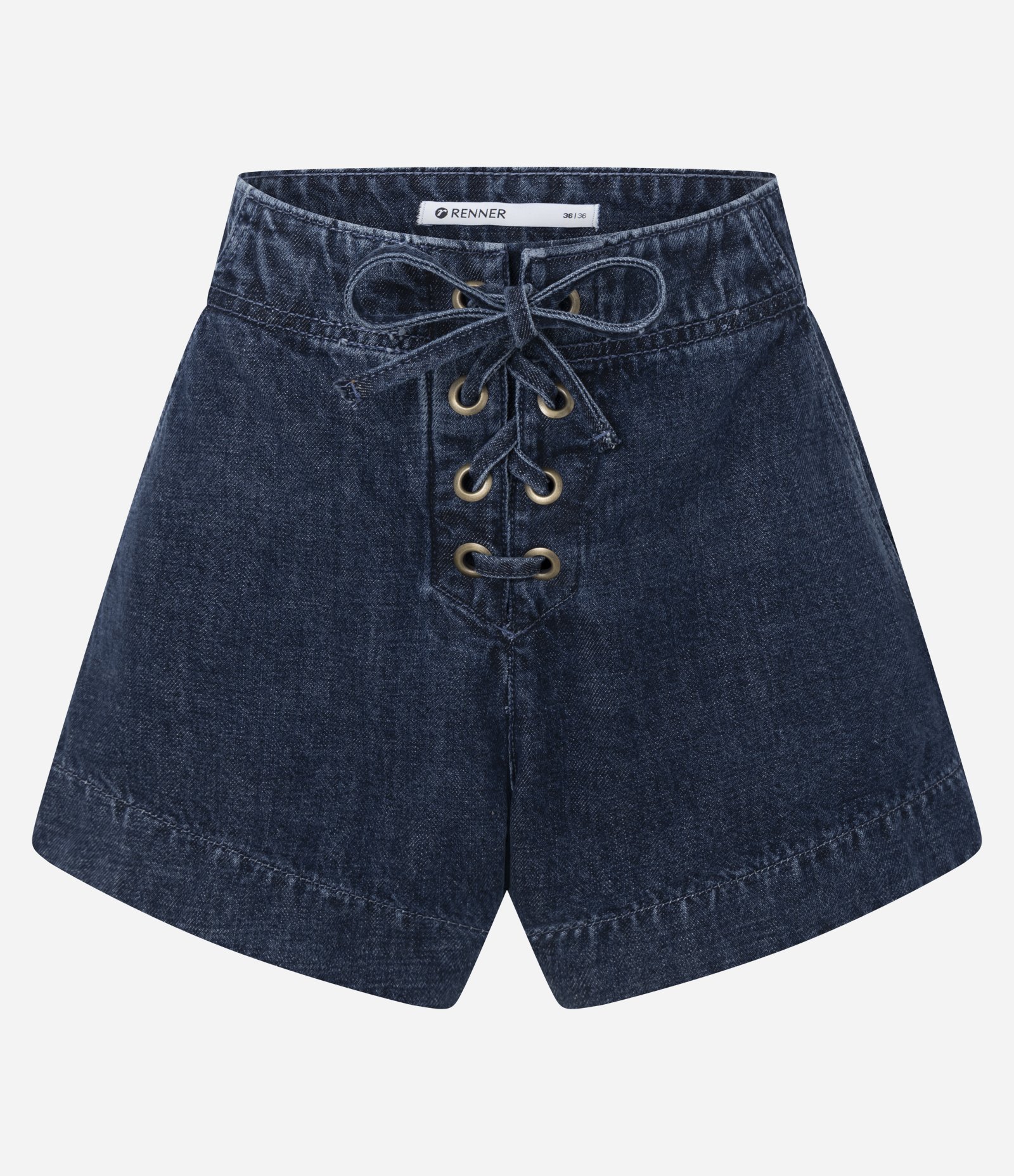 Short Evasê em Jeans com Ilhós e Cintura Alta Azul Escuro 5