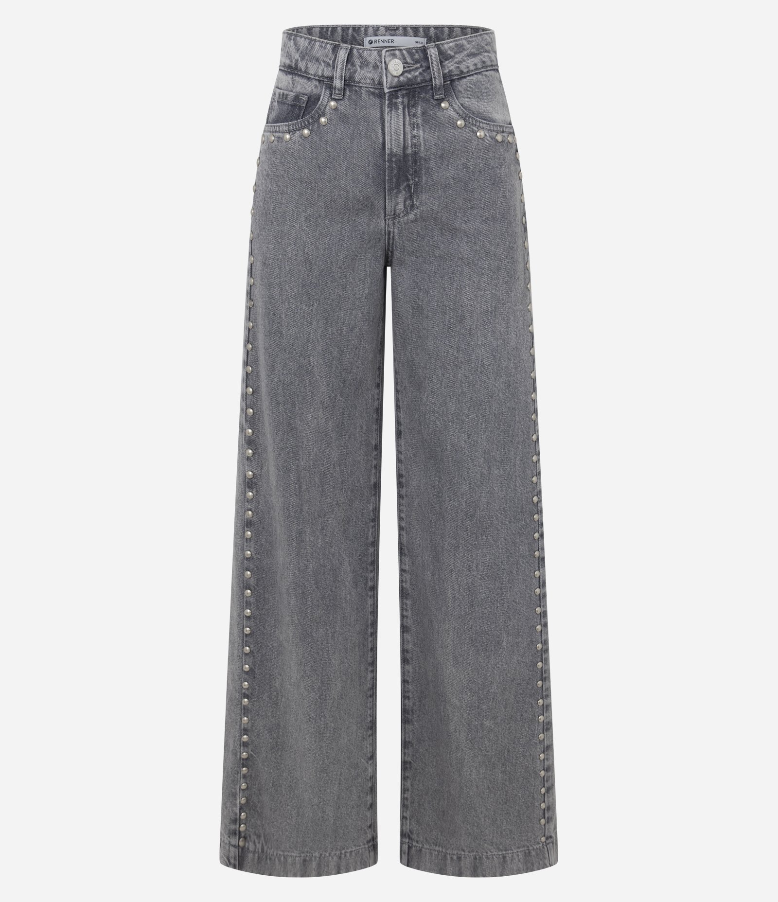 Calça Wide em Jeans com Cintura Baixa e Tachas Aplicado Cinza 5