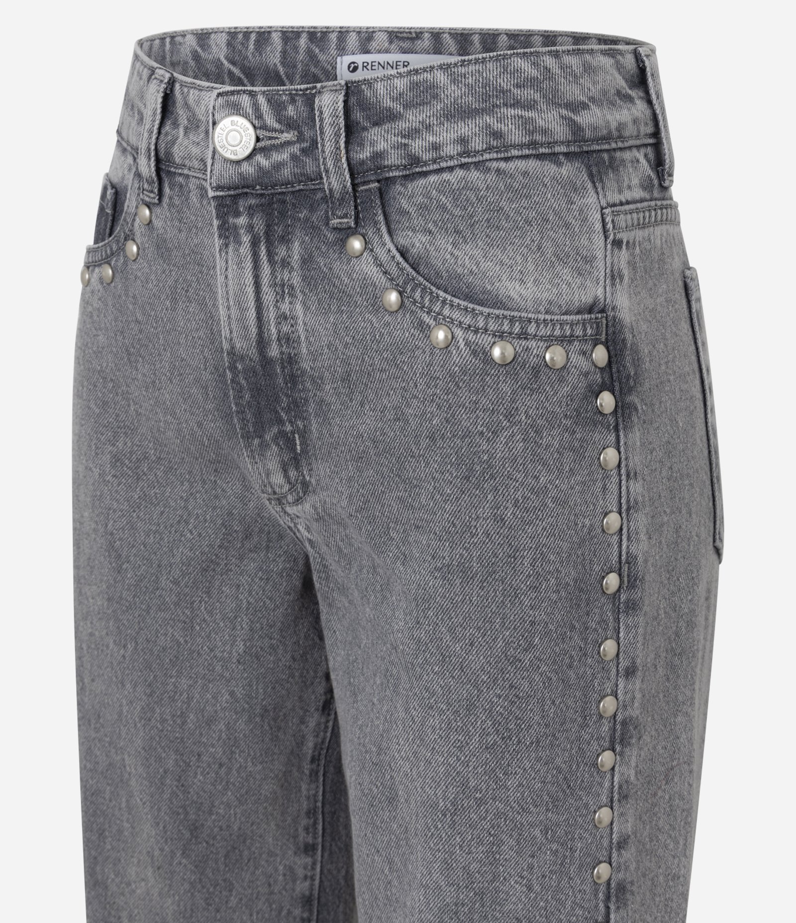 Calça Wide em Jeans com Cintura Baixa e Tachas Aplicado Cinza 6