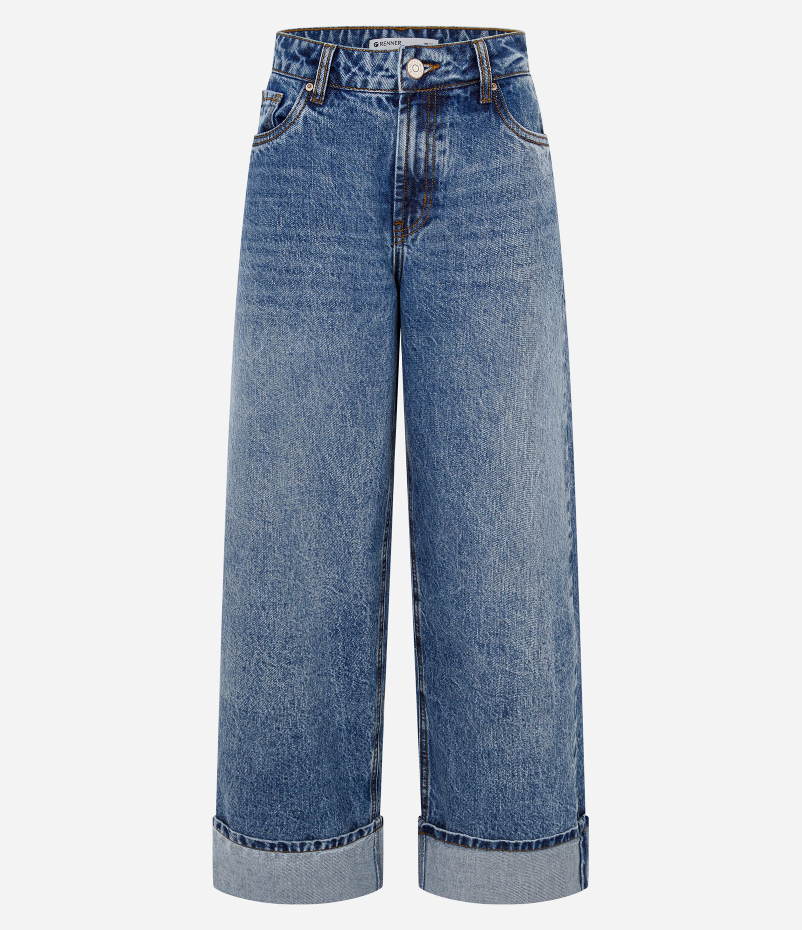 Calça Wide Leg Jeans com Cintura Baixa e Barra Dobrada Azul 5