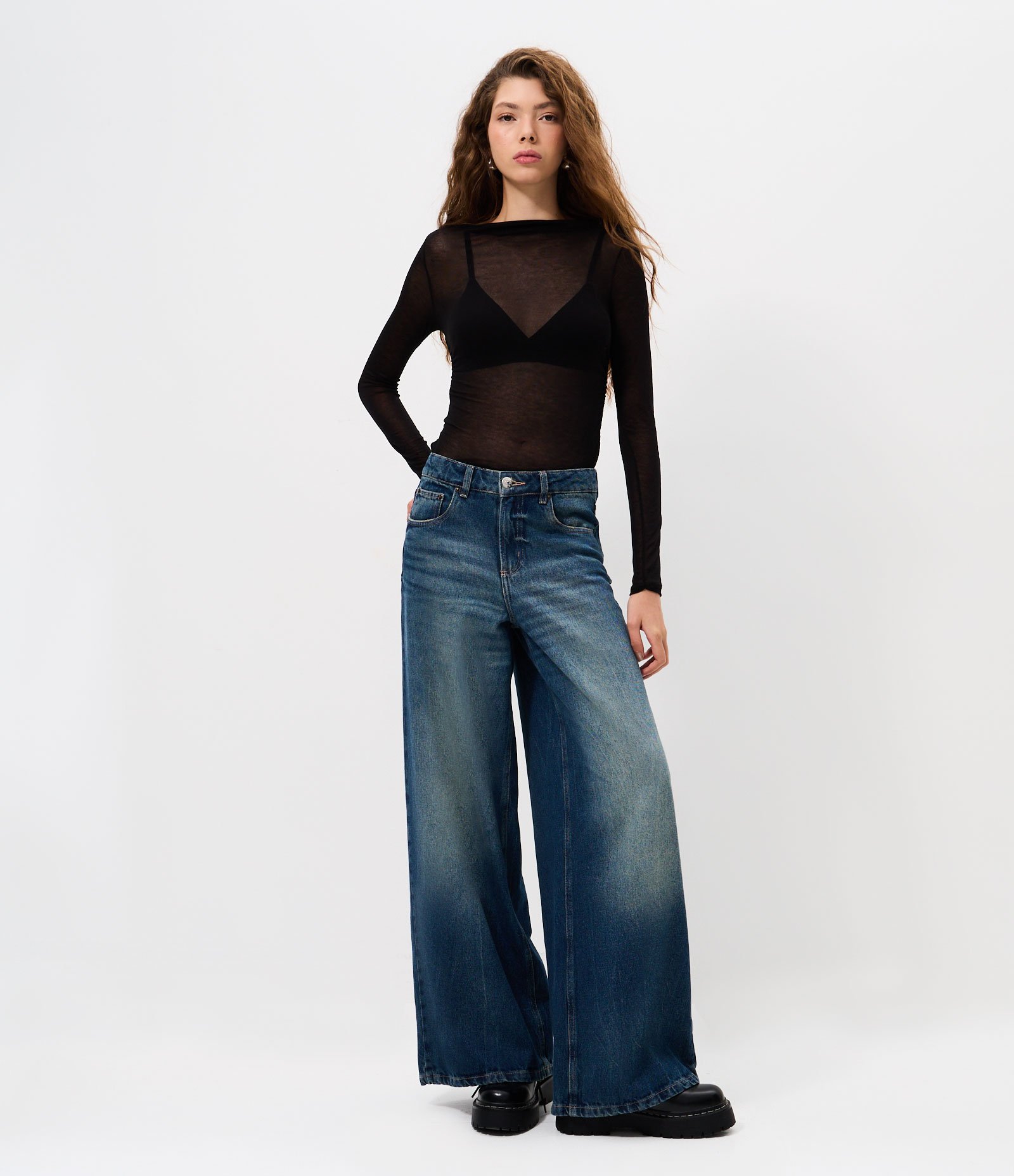 Calça Super Wide Jeans com Cintura Média Azul Escuro 1