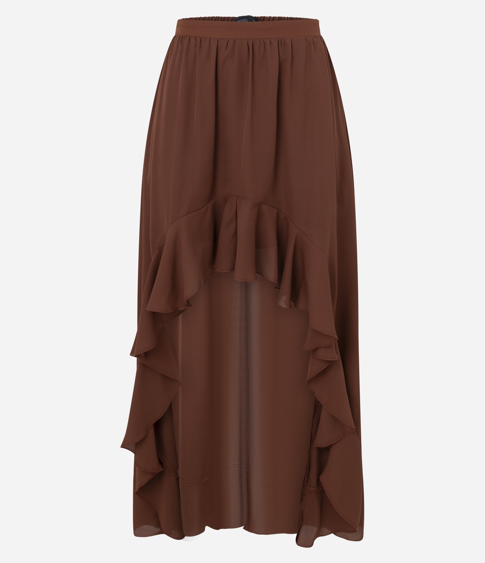 Saia Longa em Crepe com Babados e Barra Mullet Marrom 1