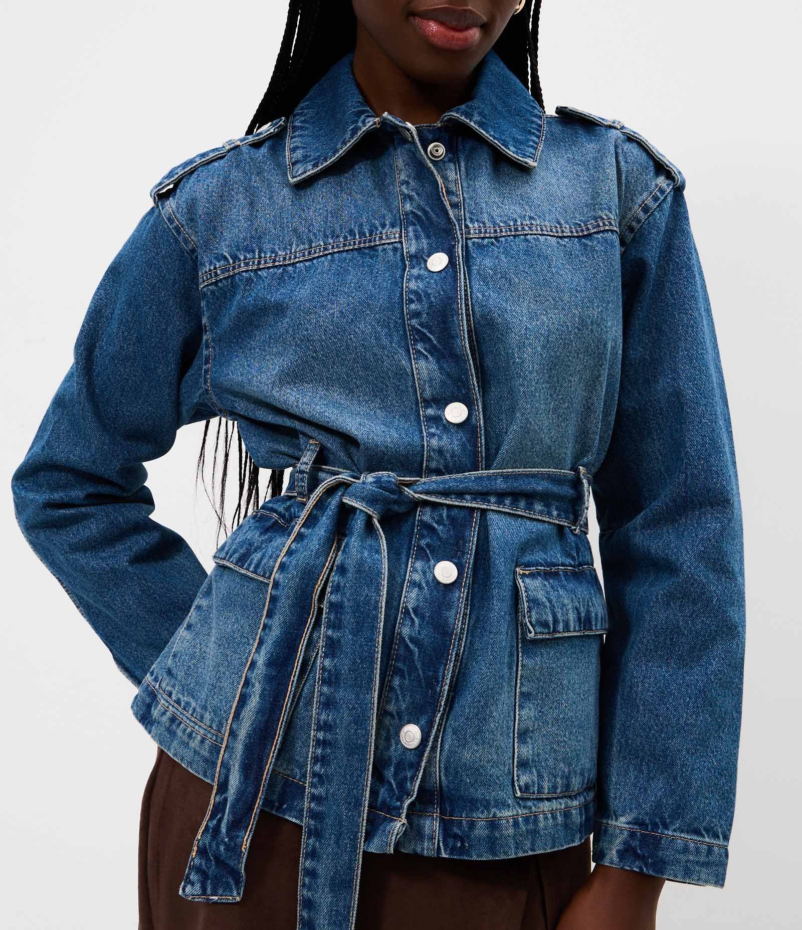 Jaqueta Parka em Jeans com Cinto Ajustável Azul Médio 3