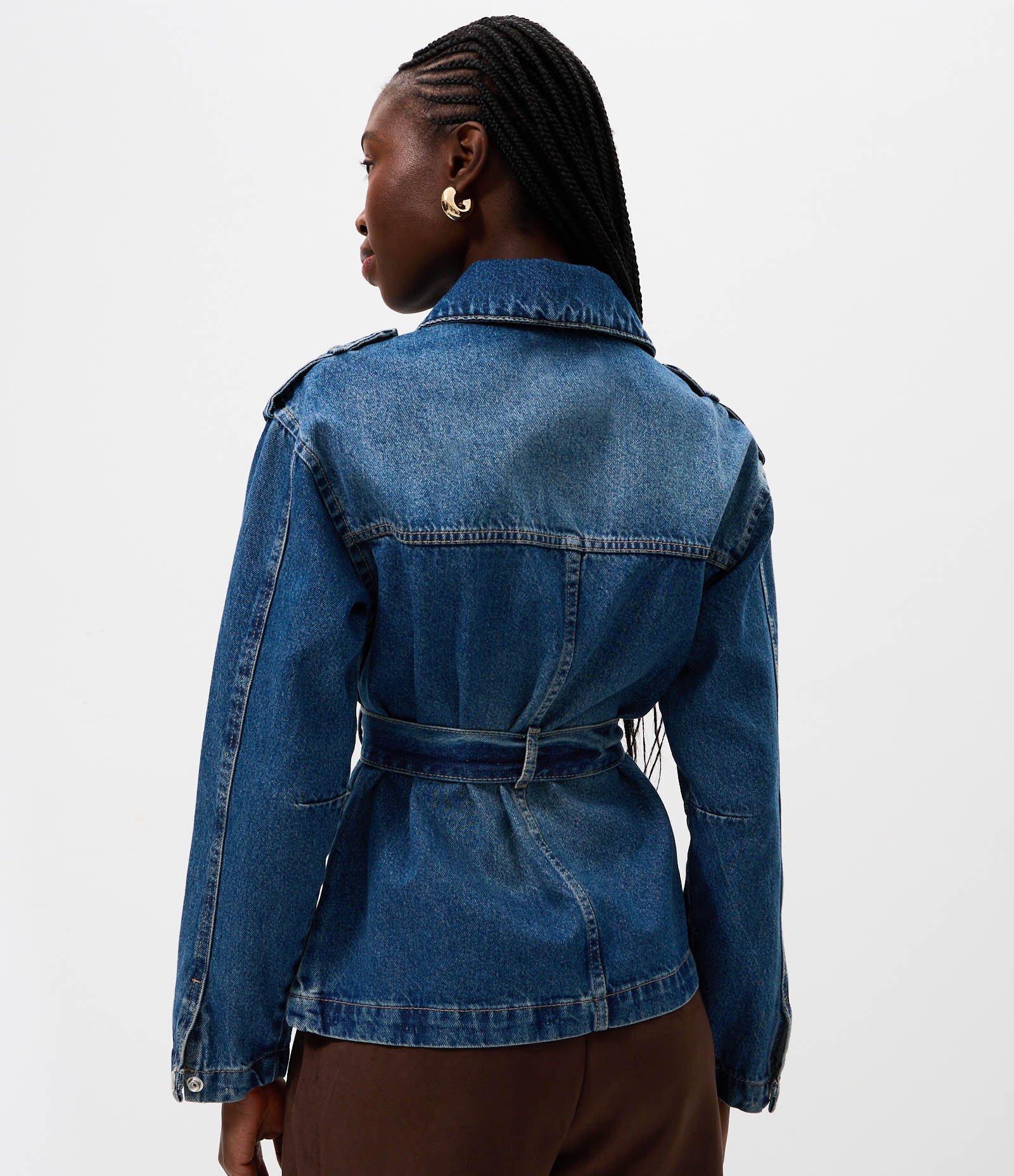 Jaqueta Parka em Jeans com Cinto Ajustável Azul Médio 4