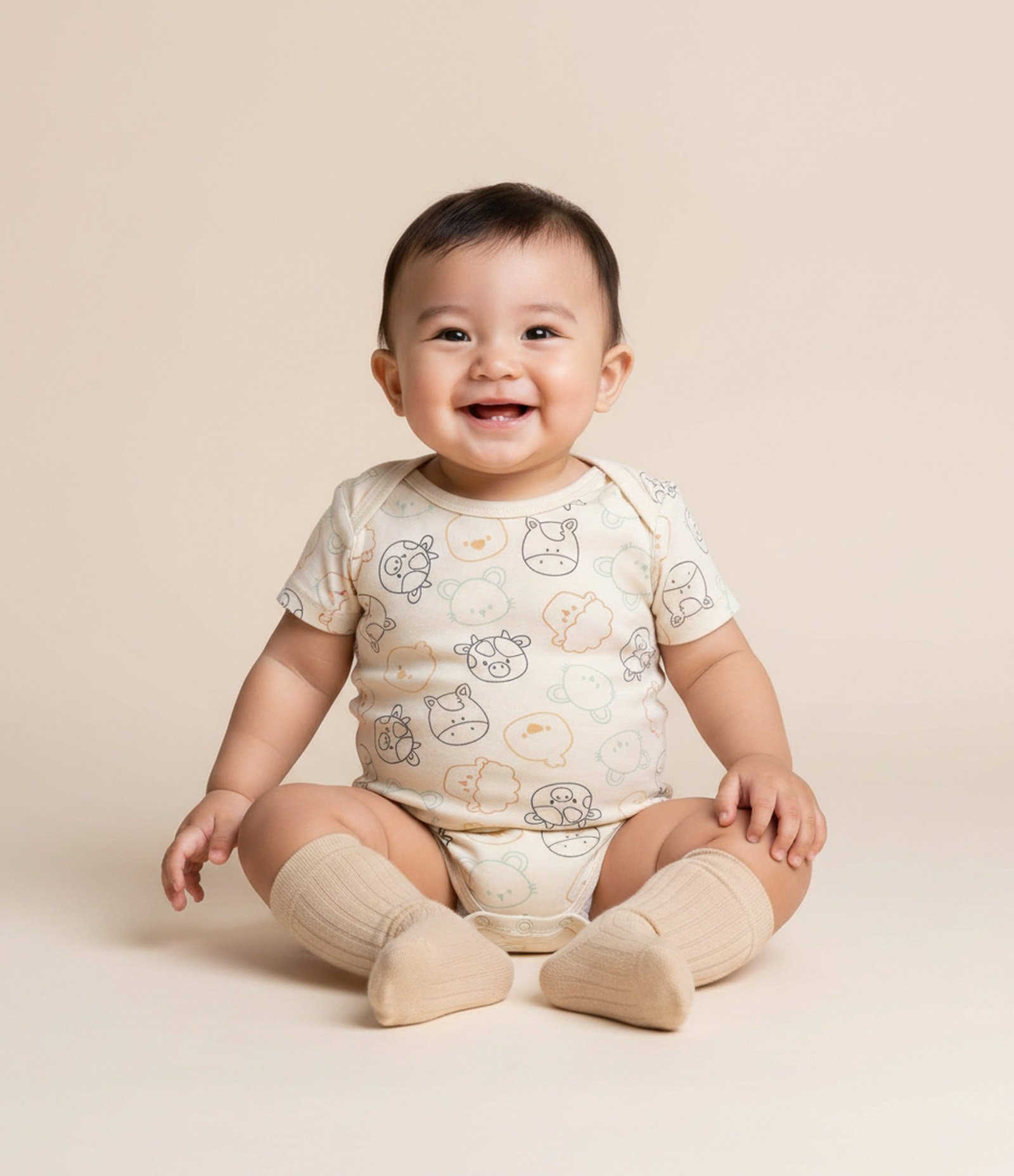 Body Bebê em Cotton com Estampa Animais e Cabeções – Tam 0 a 18 Meses Bege Claro 1