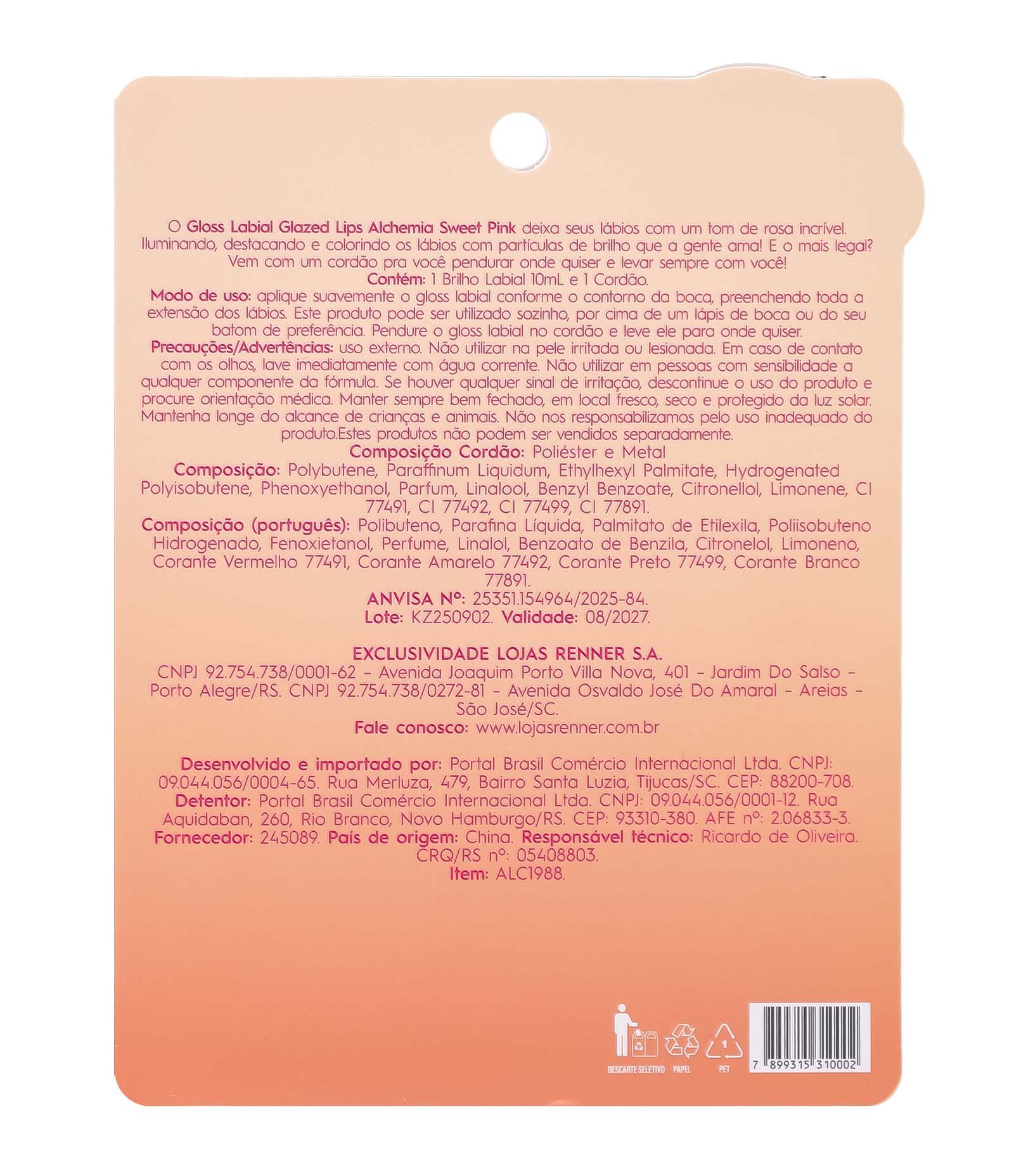 Gloss Labial com Cordinha Sweet Pink Juicy Lips Alchemia U 2