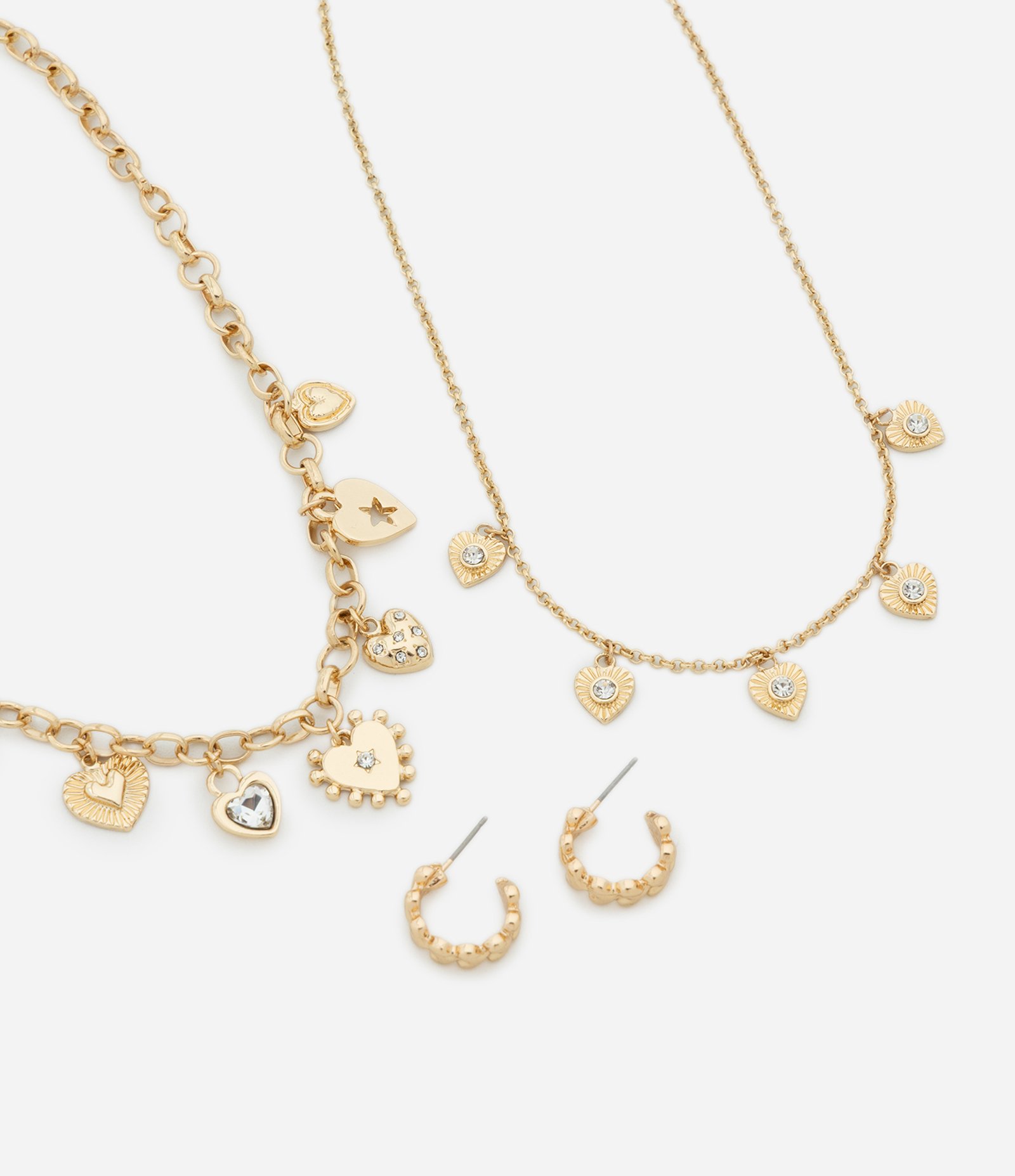 Conjunto Colar Camadas com Pingentes de Coração e Brincos Dourado 1