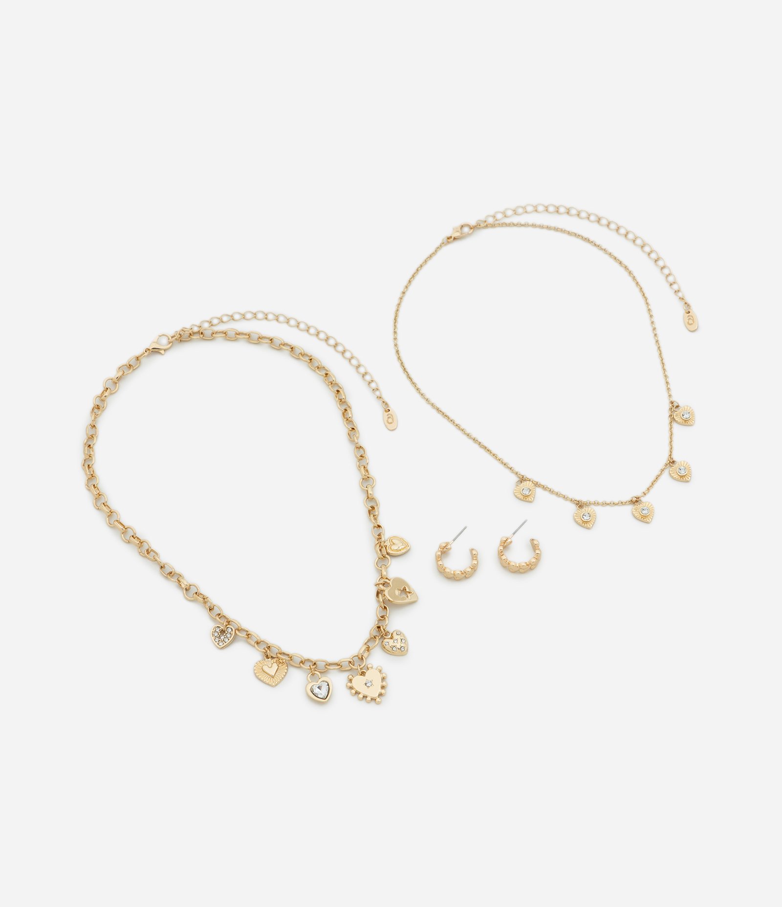 Conjunto Colar Camadas com Pingentes de Coração e Brincos Dourado 2
