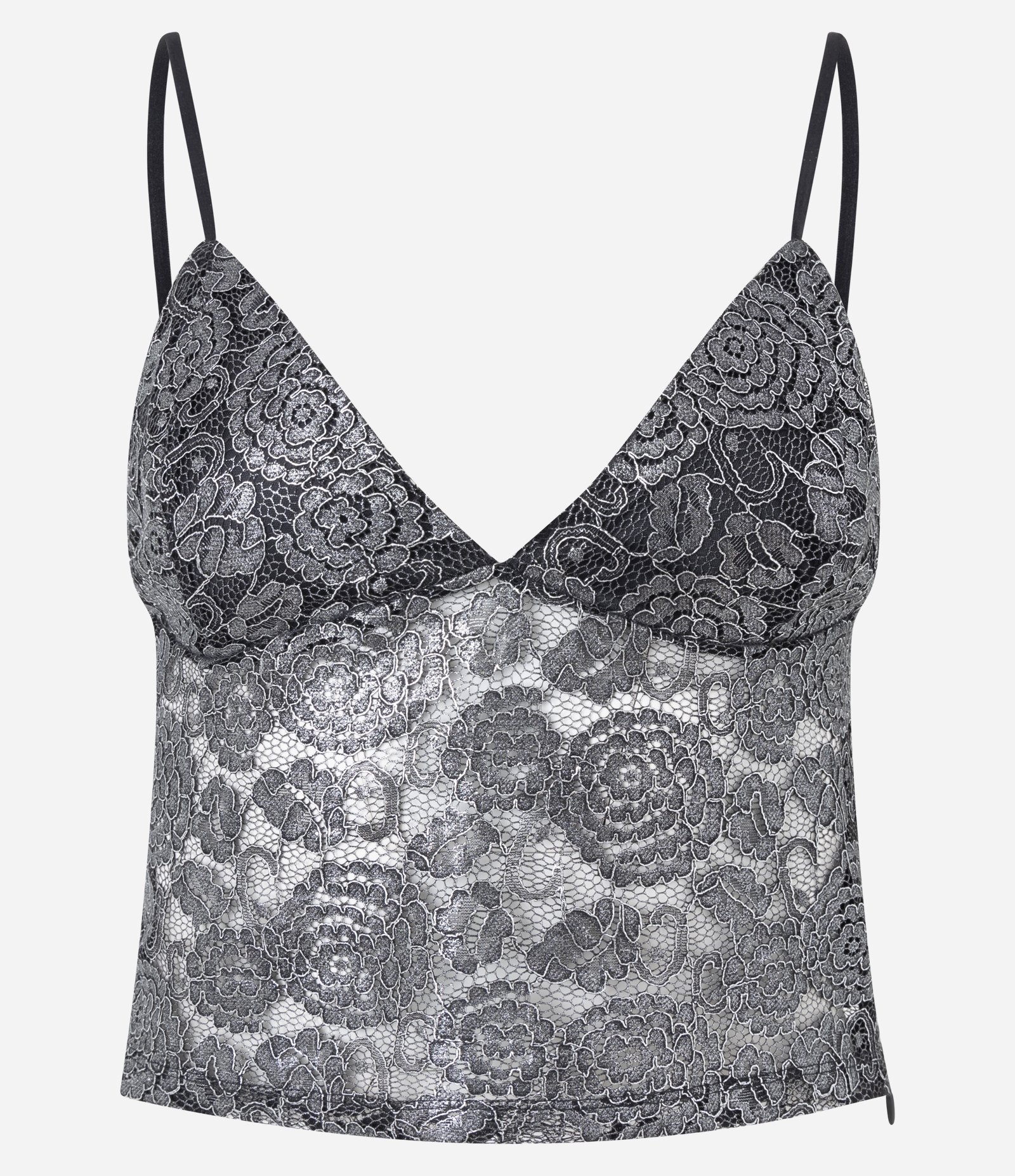 Blusa Cropped em Renda Floral com Decote V Cinza 5