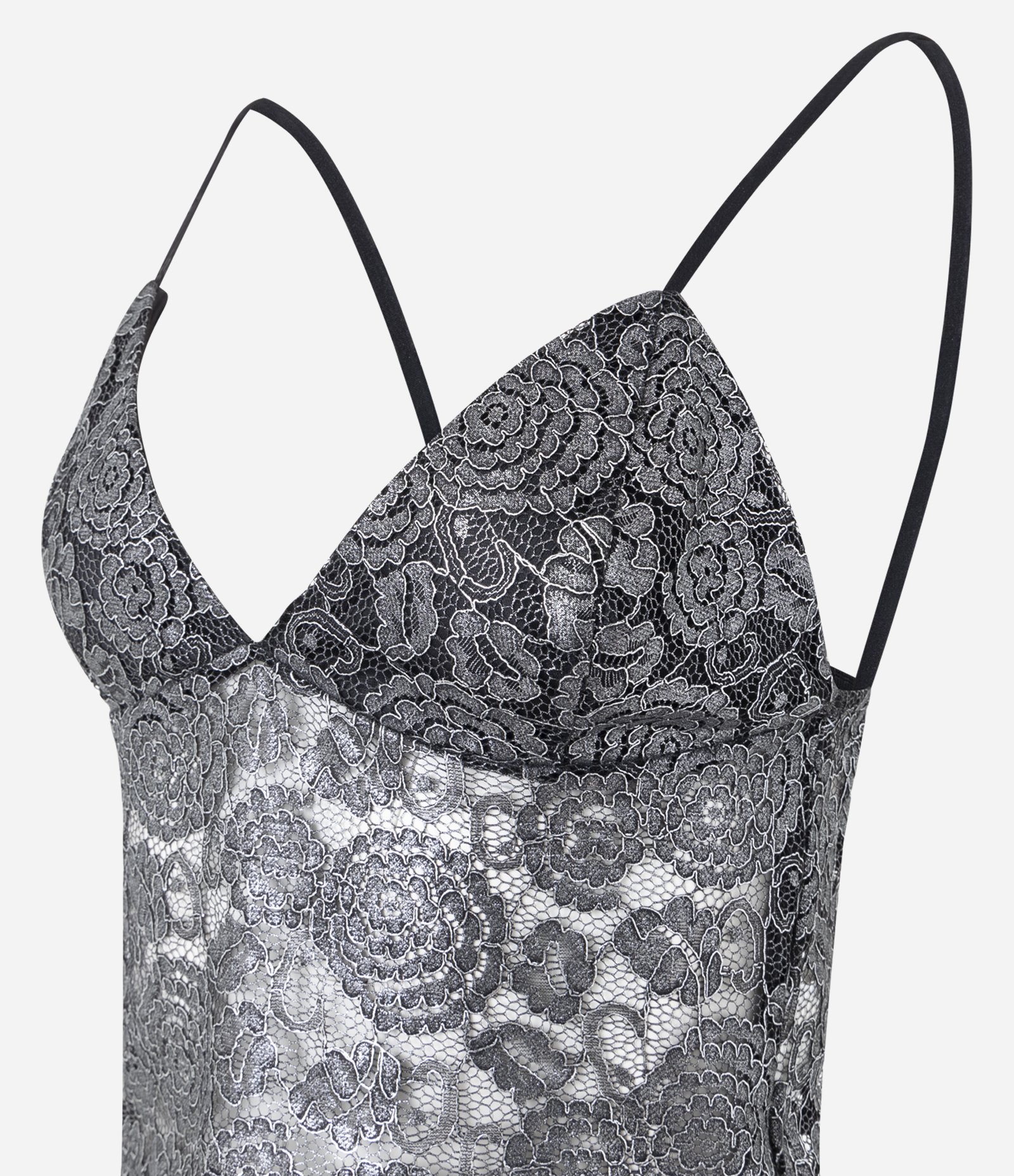 Blusa Cropped em Renda Floral com Decote V Cinza 6