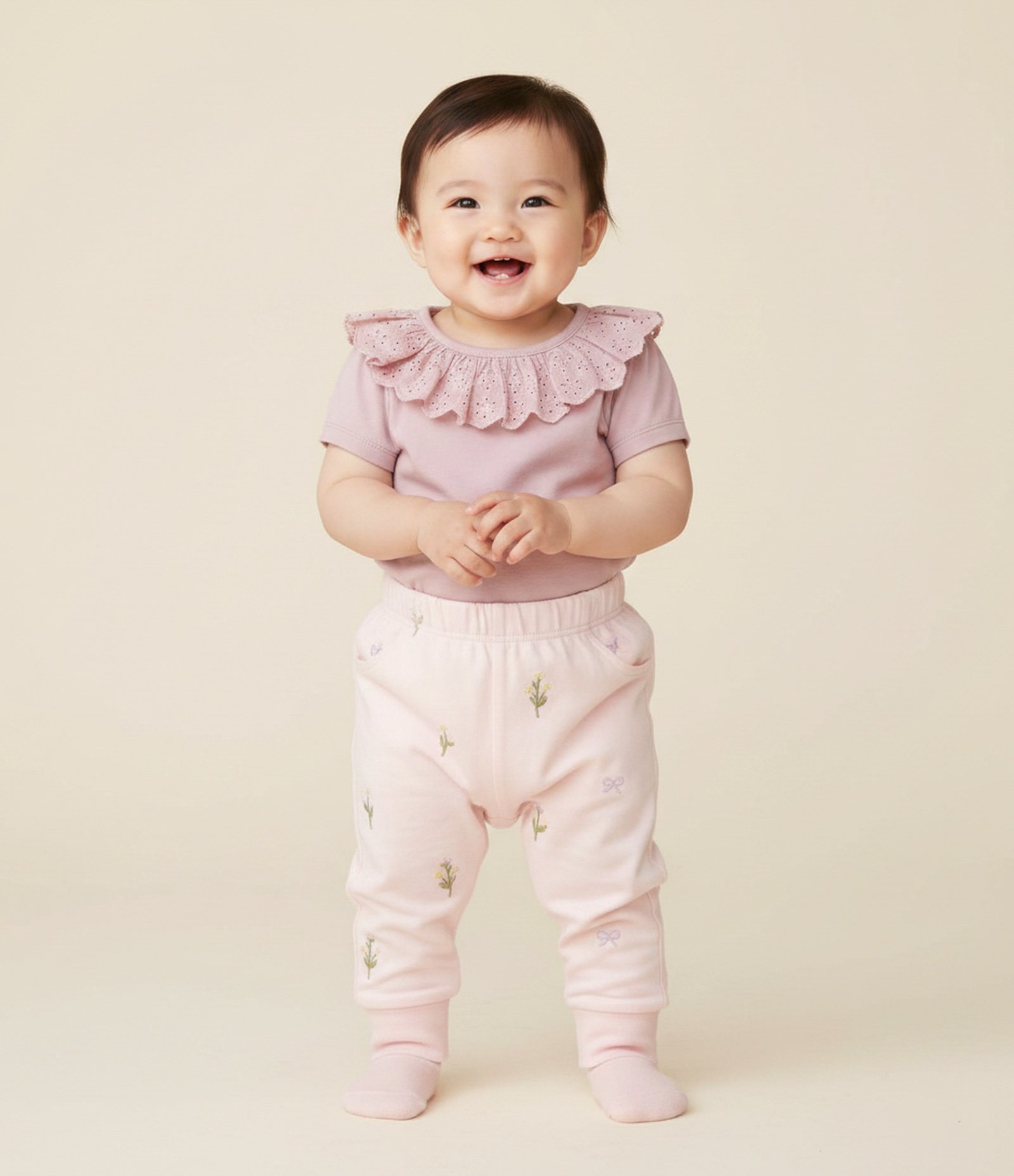 Calça Infantil em Sarja com Bordado Floral – Tam 3 a 18 Meses Rosa Claro 1
