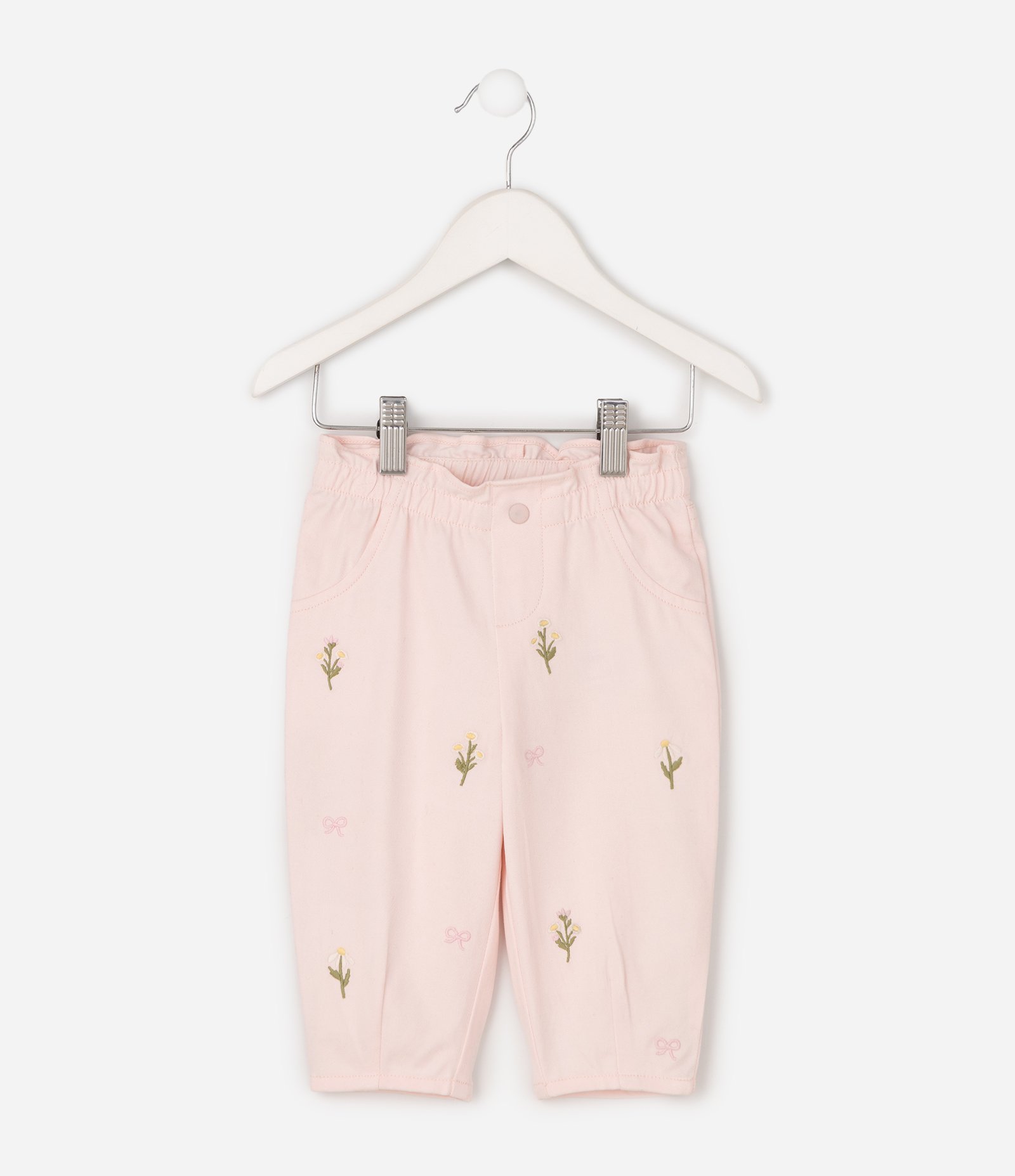 Calça Infantil em Sarja com Bordado Floral – Tam 3 a 18 Meses Rosa Claro 2