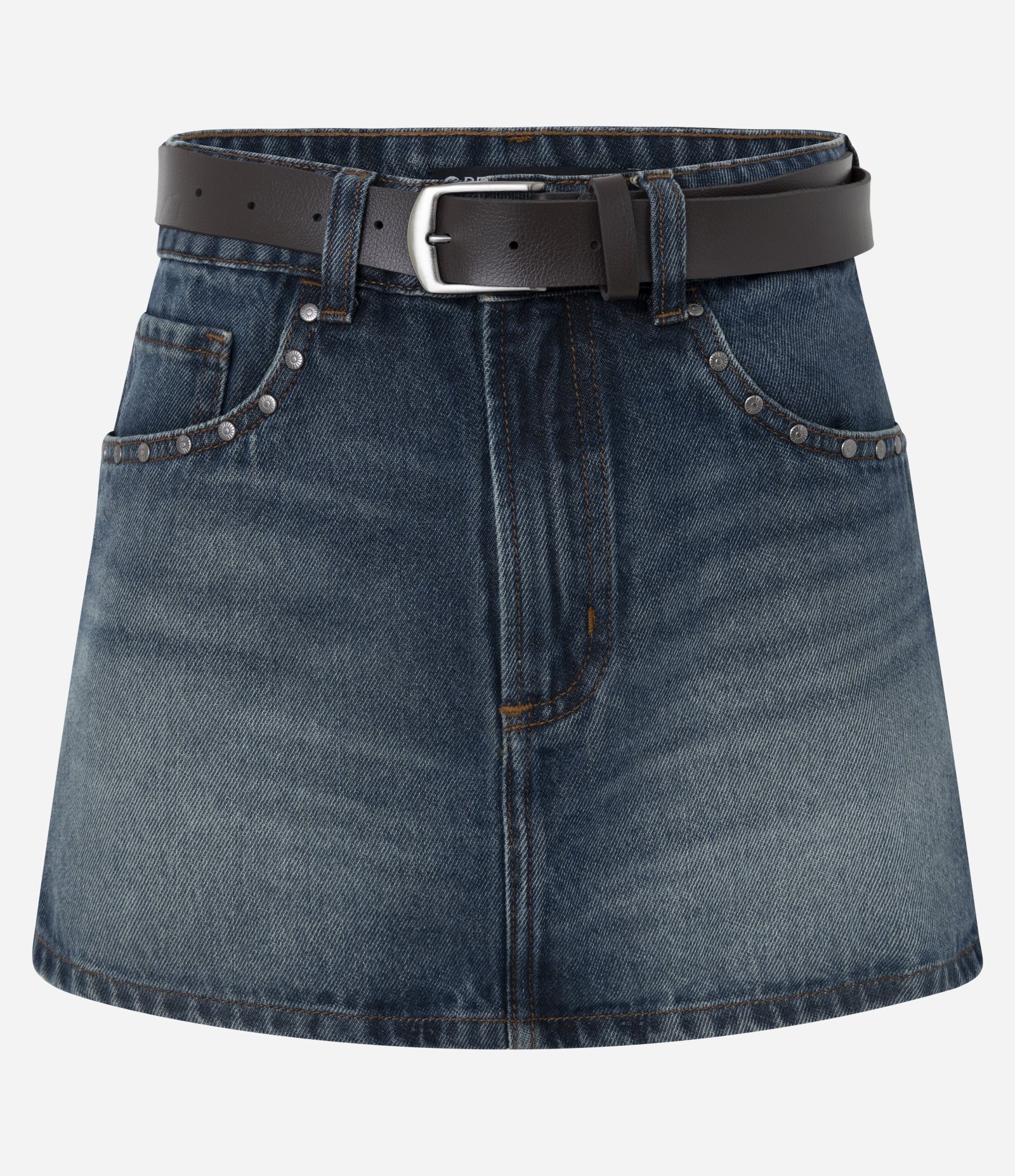 Minissaia Cintura Alta em Jeans com Cinto e Tachas Azul Escuro 5
