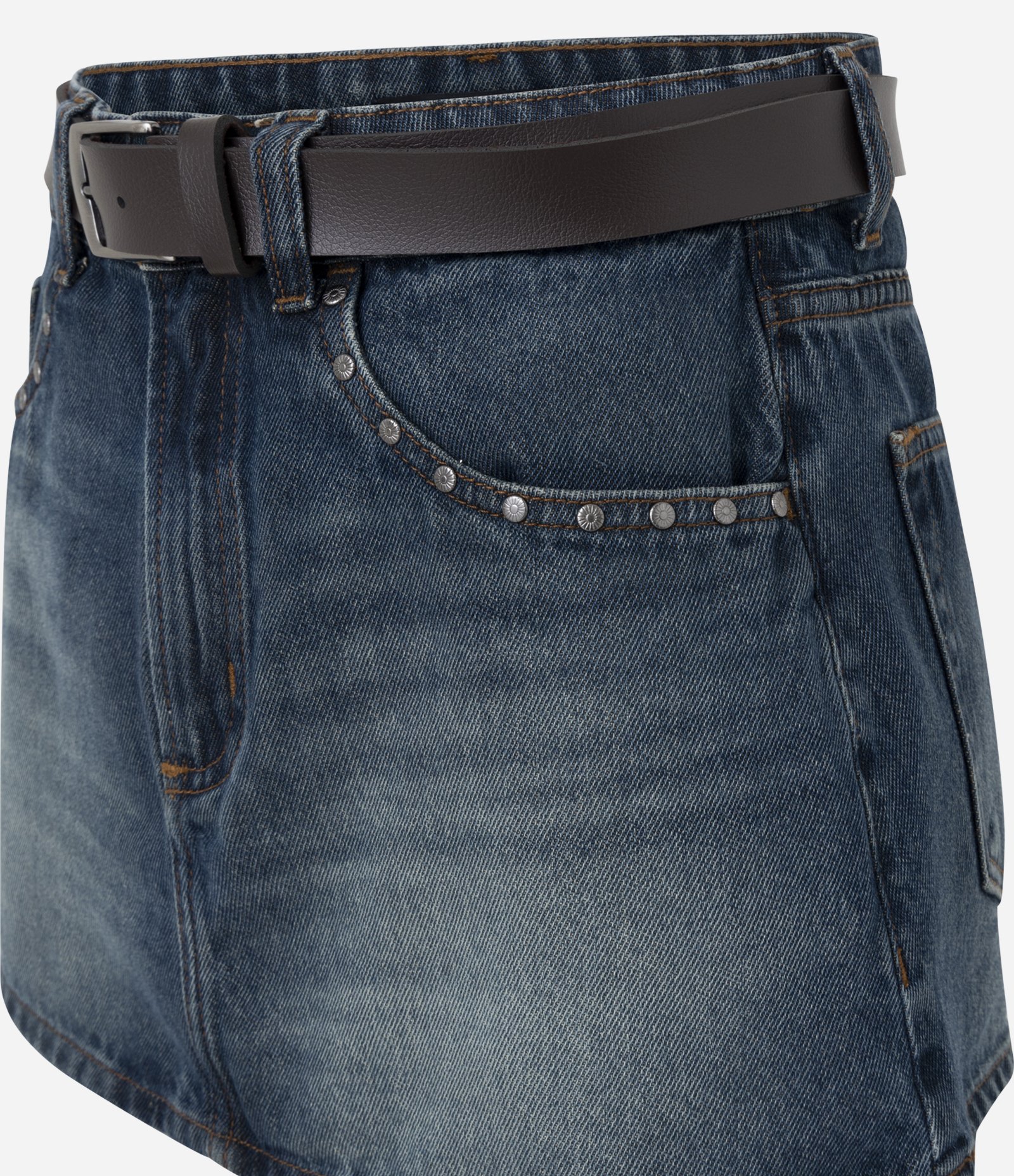 Minissaia Cintura Alta em Jeans com Cinto e Tachas Azul Escuro 6