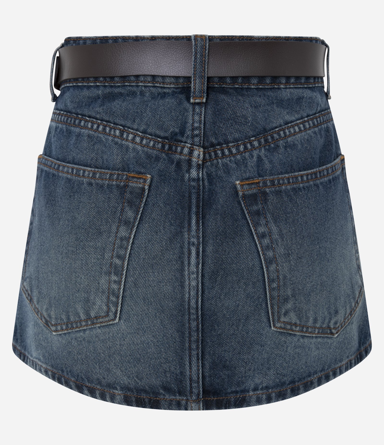 Minissaia Cintura Alta em Jeans com Cinto e Tachas Azul Escuro 7