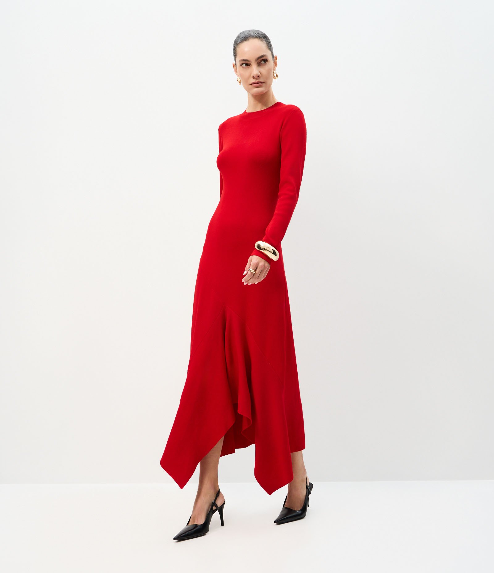 Vestido Midi em Tricô com Barra Assimétrica e Mangas Longas Vermelho 1