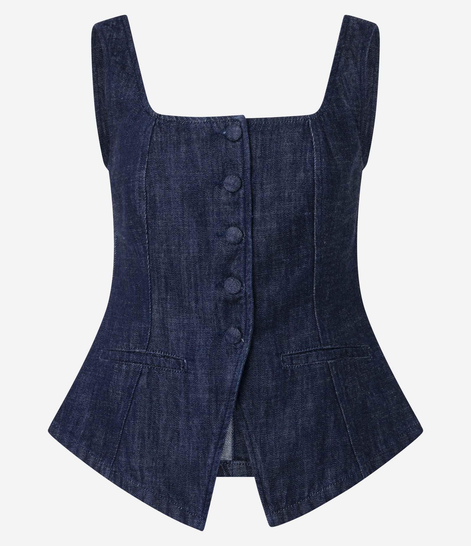 Colete em Jeans com Decote Quadrado e Botões Forrados Azul Escuro 5