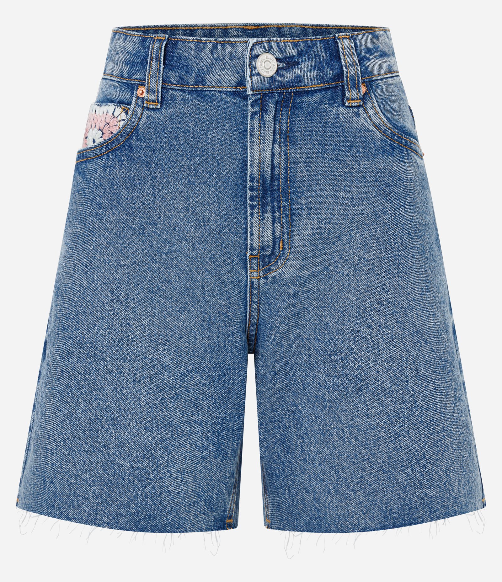Short Jeans com Bordado Floral no Bolso e Cintura Alta Azul 5
