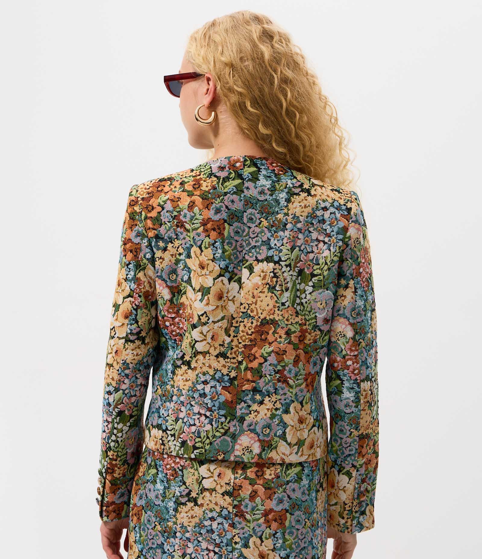Jaqueta em Jacquard com Estampa Floral e Botões Forrados Amarelo 5
