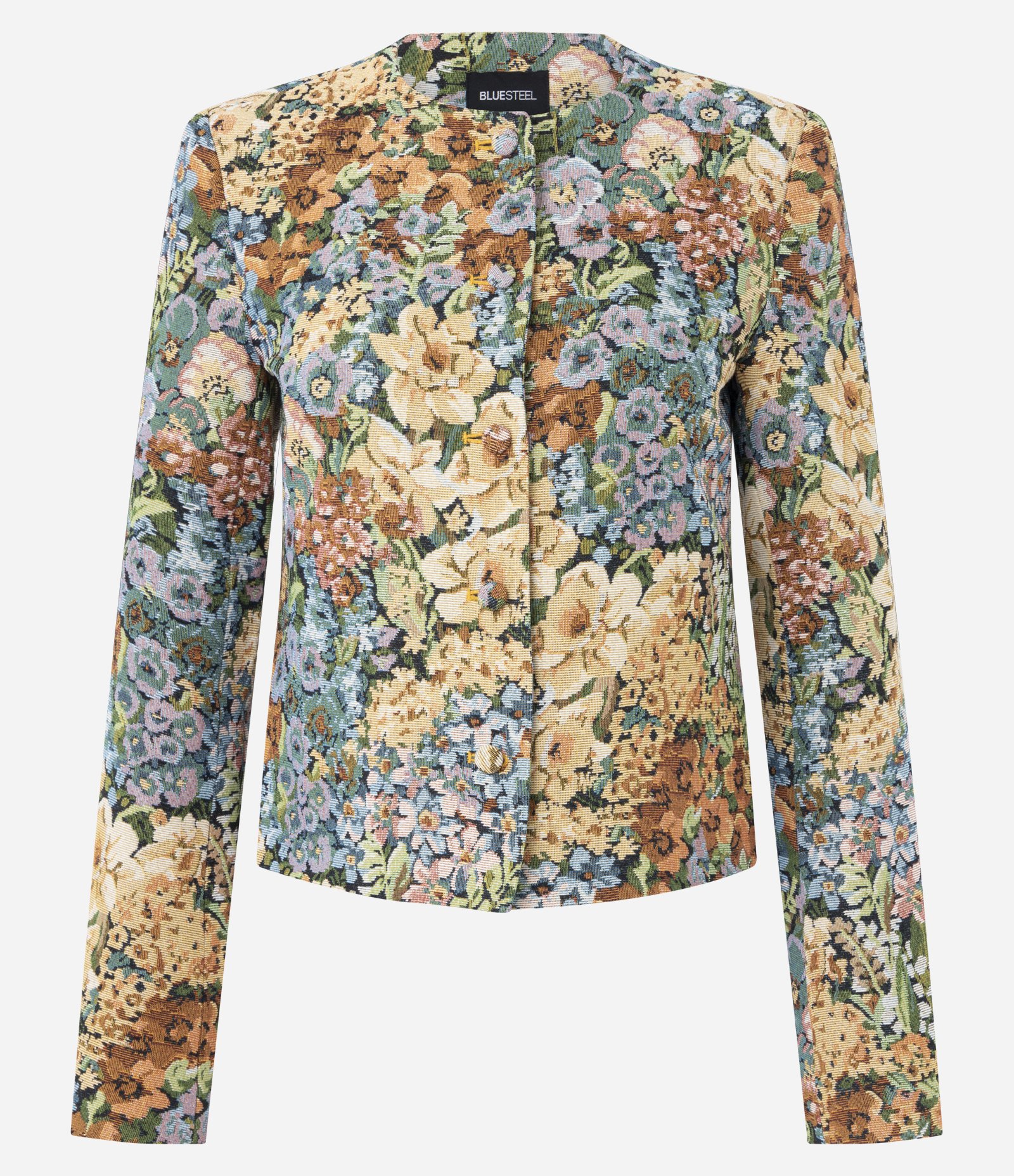 Jaqueta em Jacquard com Estampa Floral e Botões Forrados Amarelo 6