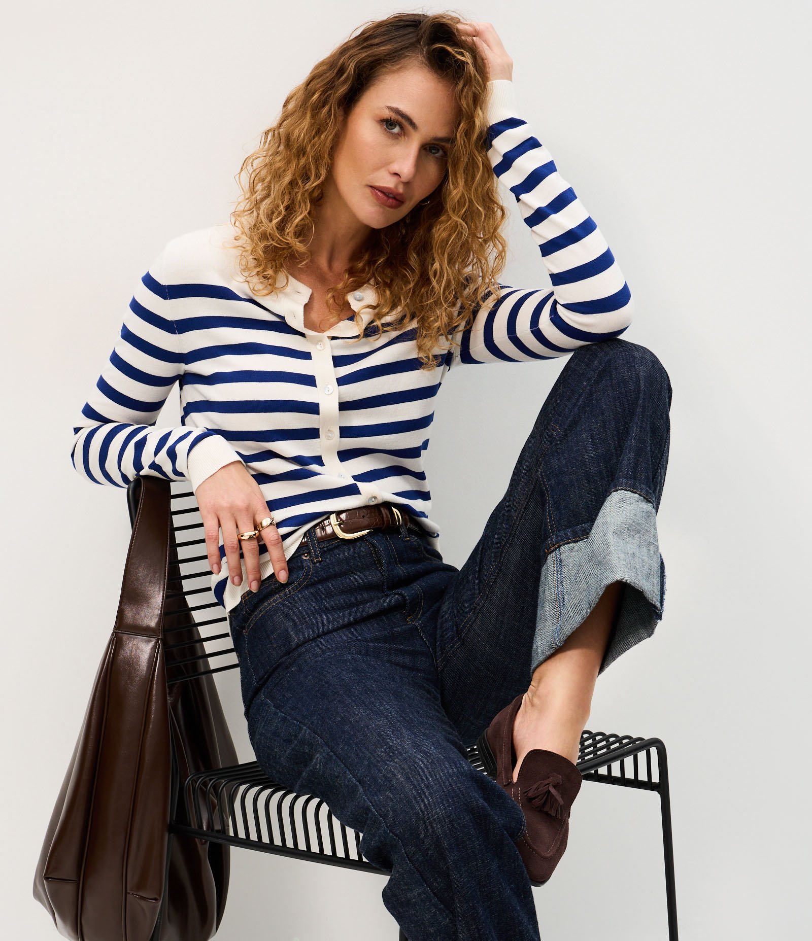 Cardigan em Tricô com Estampa Listrada Branco/Azul 5