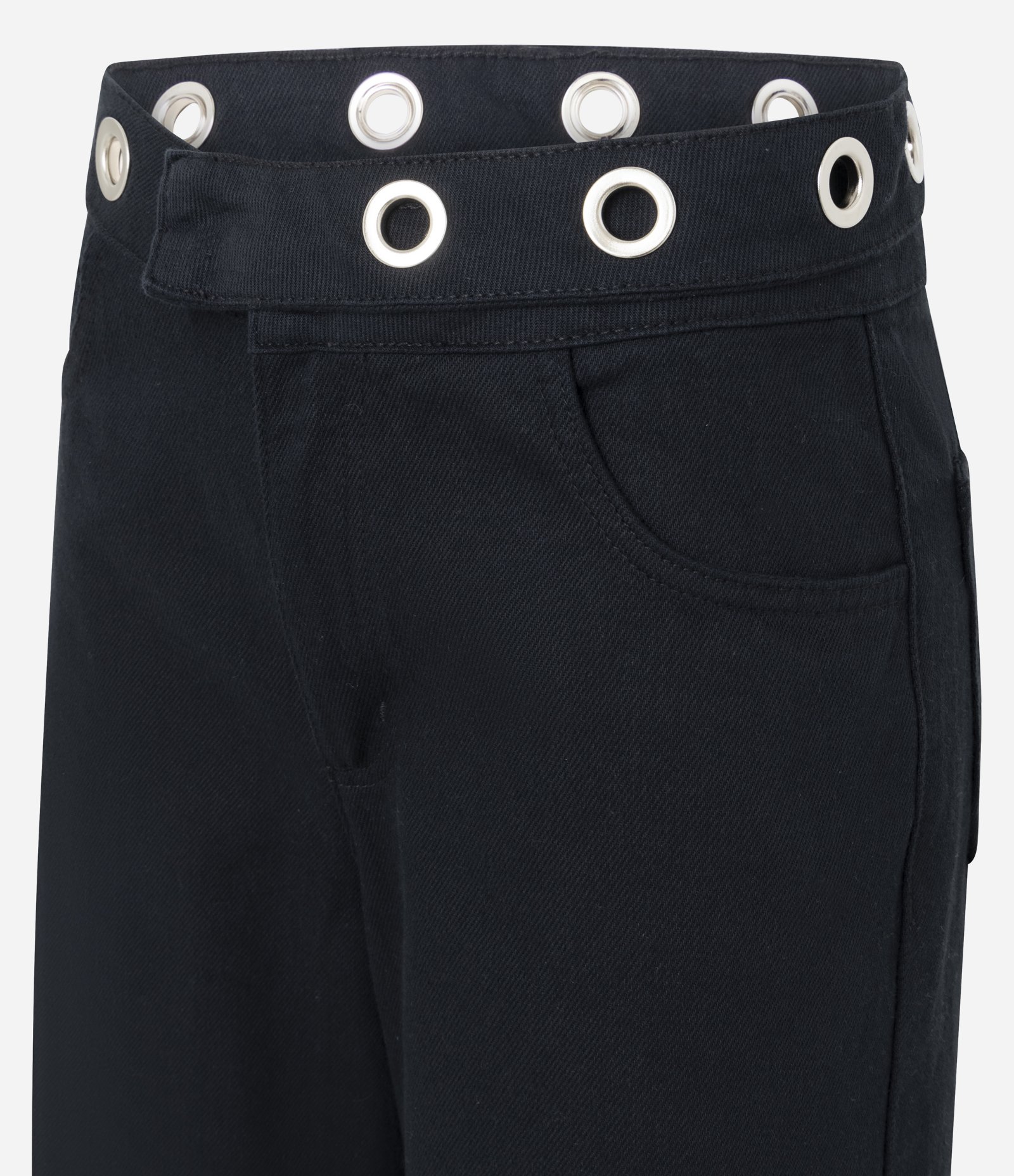 Calça Wide em Jeans com Cintura Média e Ilhós no Cós Preto 6